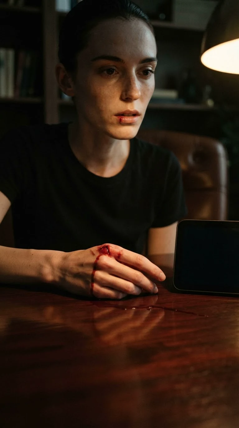 Blood drips from her thumb onto the desk as the timer goes dark.