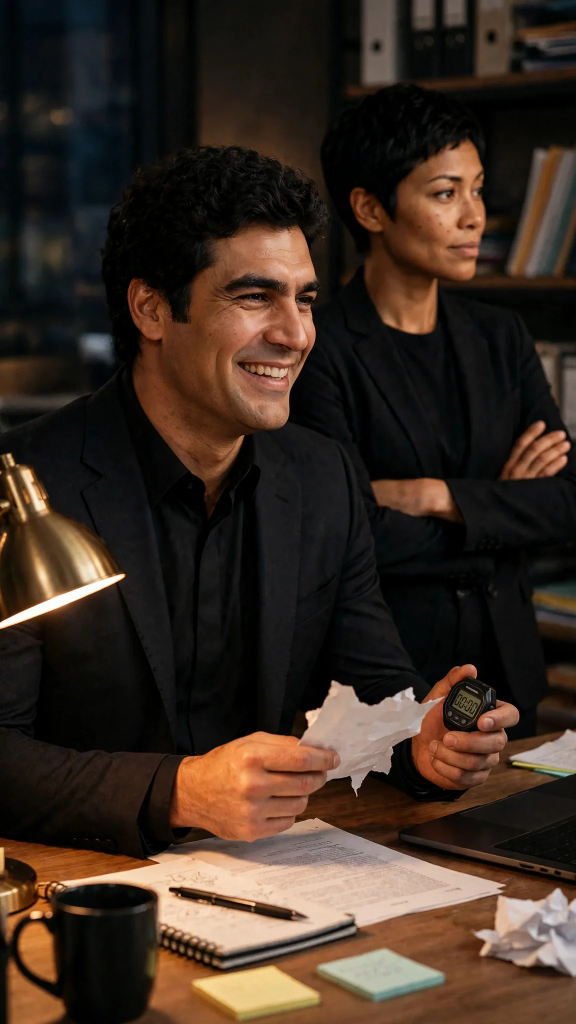 Ettore in his office holding the note, laughing, Rina behind him.