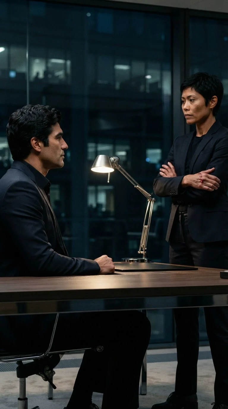 Rina reports to Ettore across the desk, arms folded.