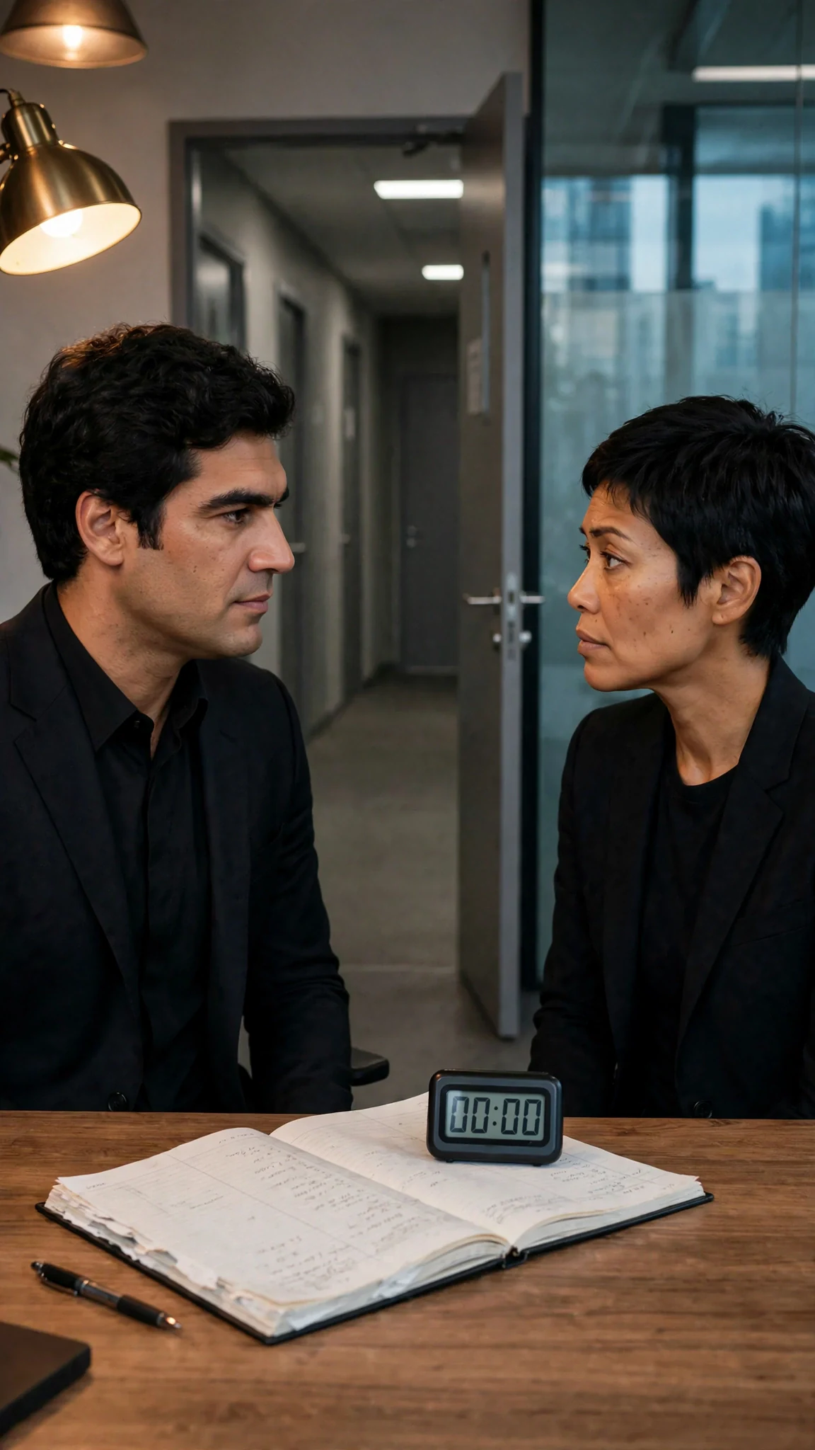 The two leads' final exchange in the office, guards absent from the door.