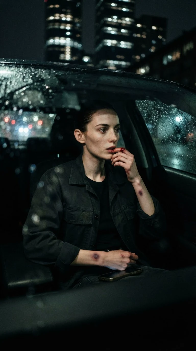 The cleaner sits in a dark car across the street, thumb in her mouth, phone off.