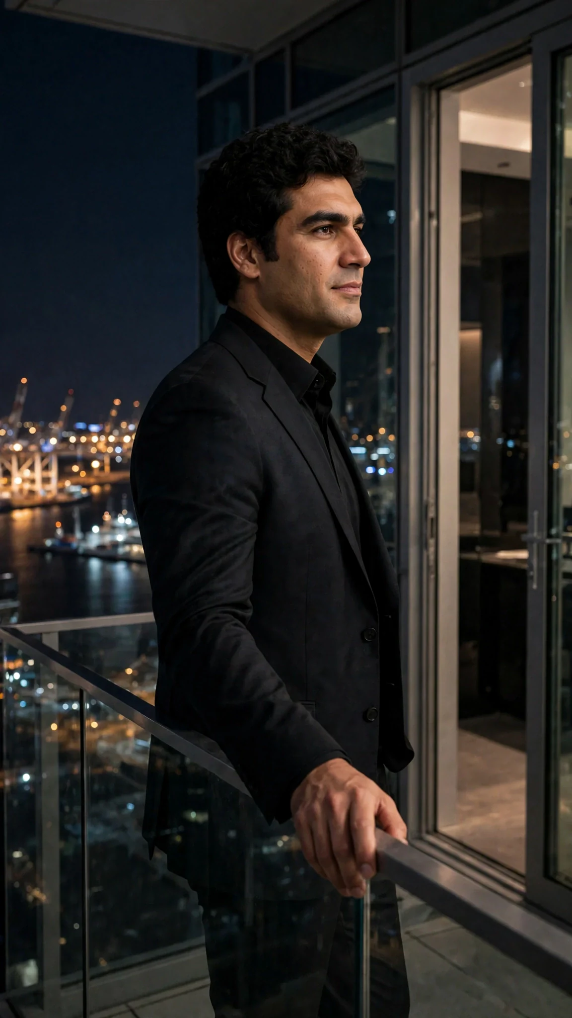A tall man in a dark suit stands on a high balcony at night, city lights behind him, one hand on the rail.