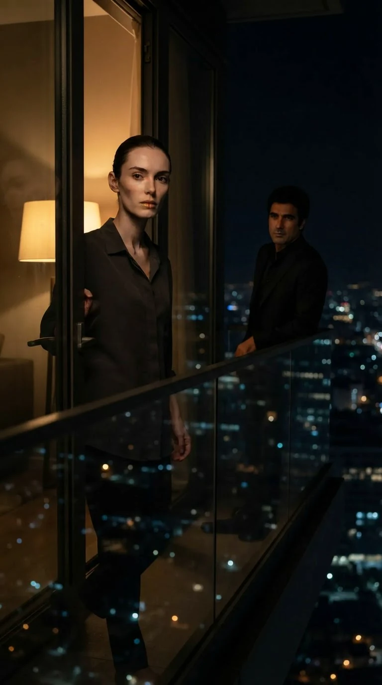 A slim woman in plain dark clothes steps into the lamplight on the balcony, a split lip on her face.