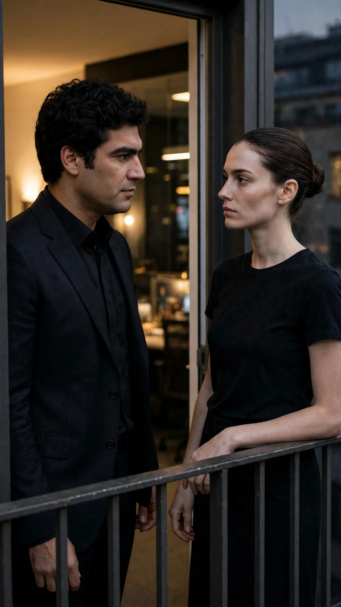 The man shifts his shoulder to block the balcony doorway, eyes on the woman.