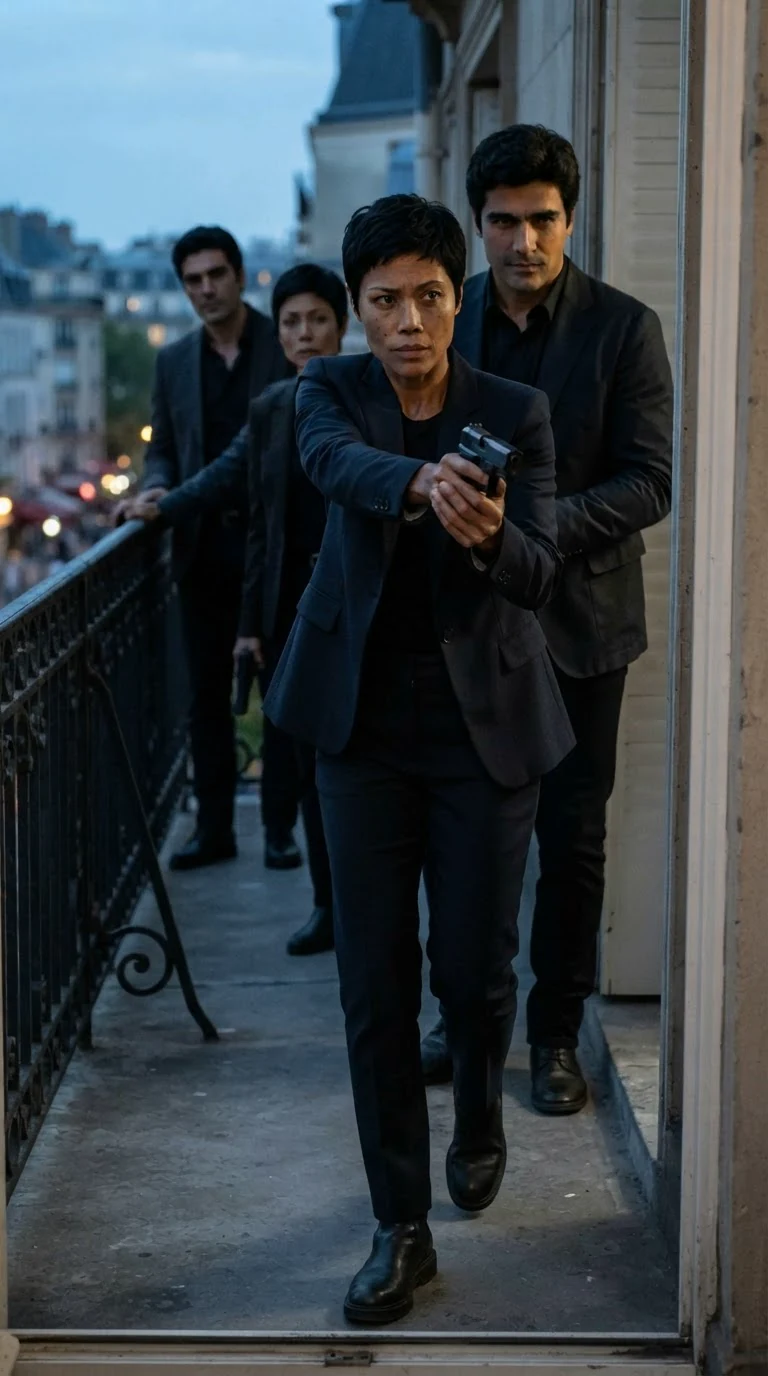 A security woman in a dark suit pushes through the balcony door with two men behind her, gun drawn.