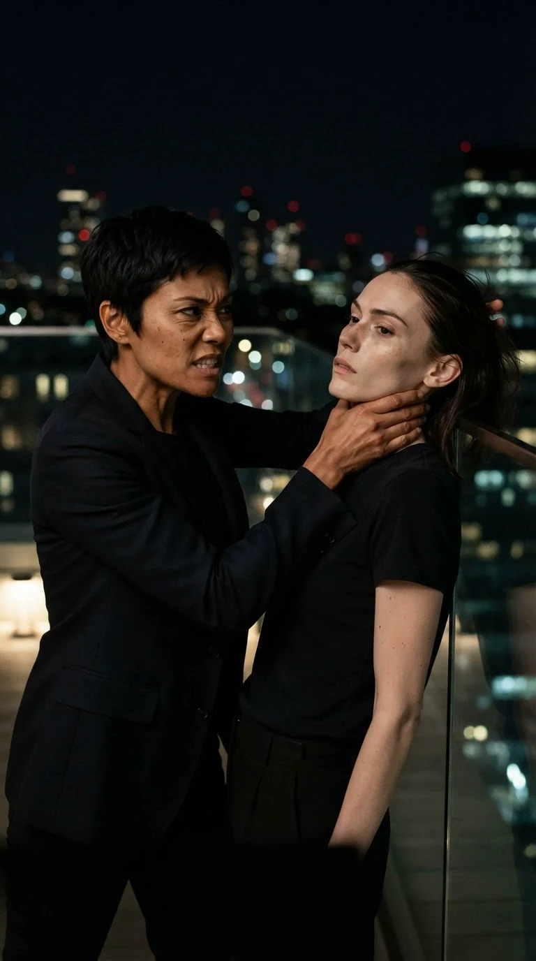 The security woman grips the smaller woman's jaw and slams her back against the balcony rail.