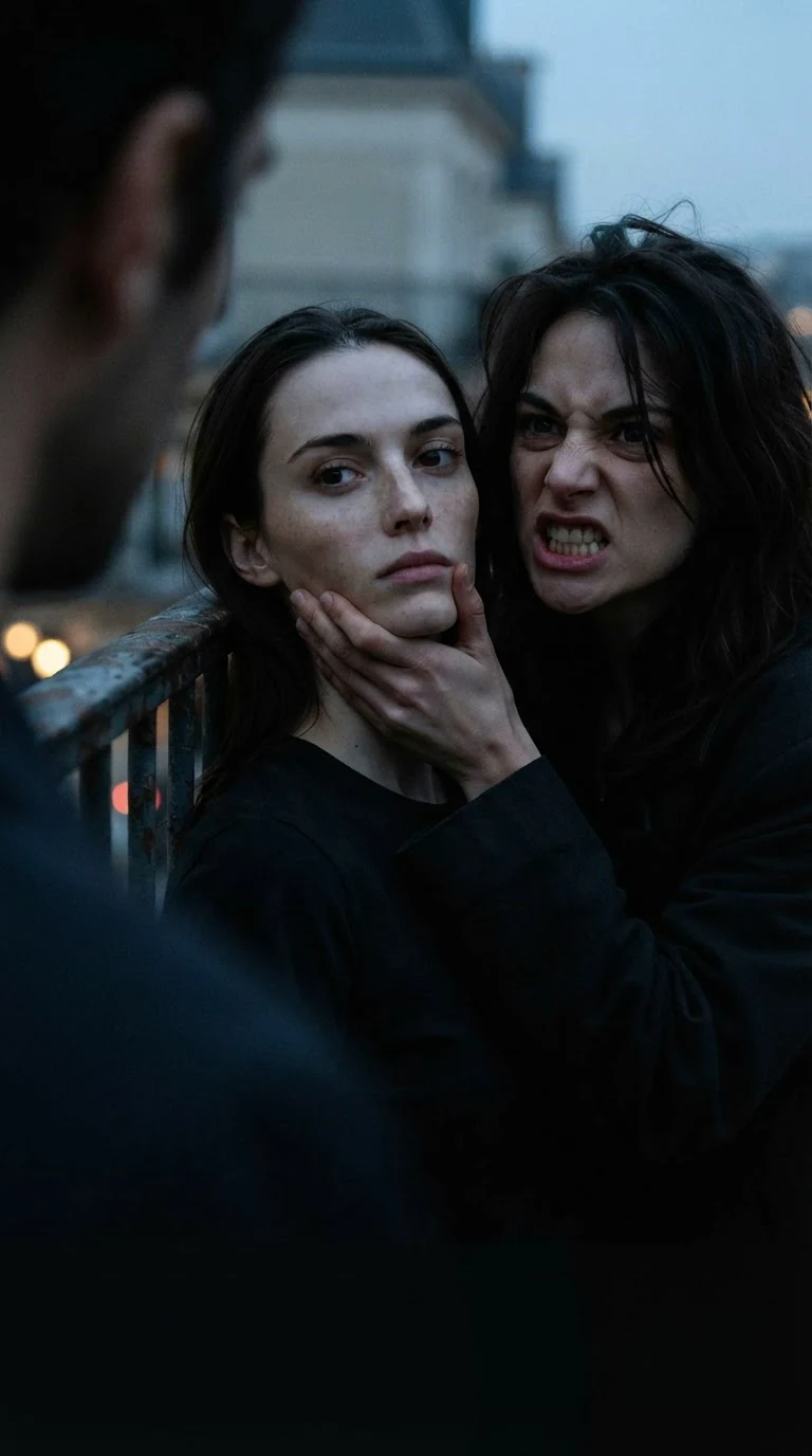 Blood runs from the woman's mouth as she stays silent, the security woman close to her face.