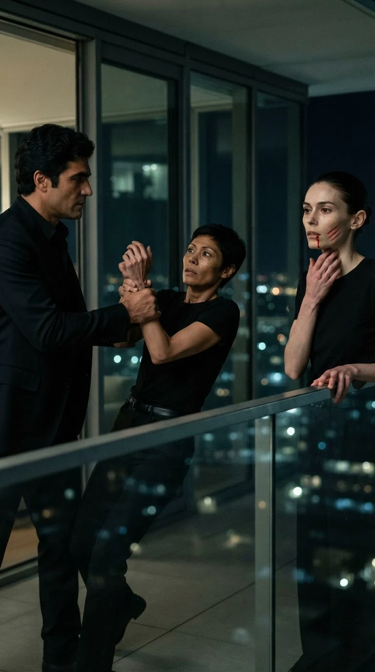 The boss pulls the security woman back by the wrist; red marks show on the smaller woman's jaw.