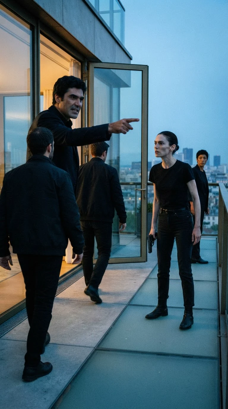 The boss points at the door; the security woman stares at him, furious.