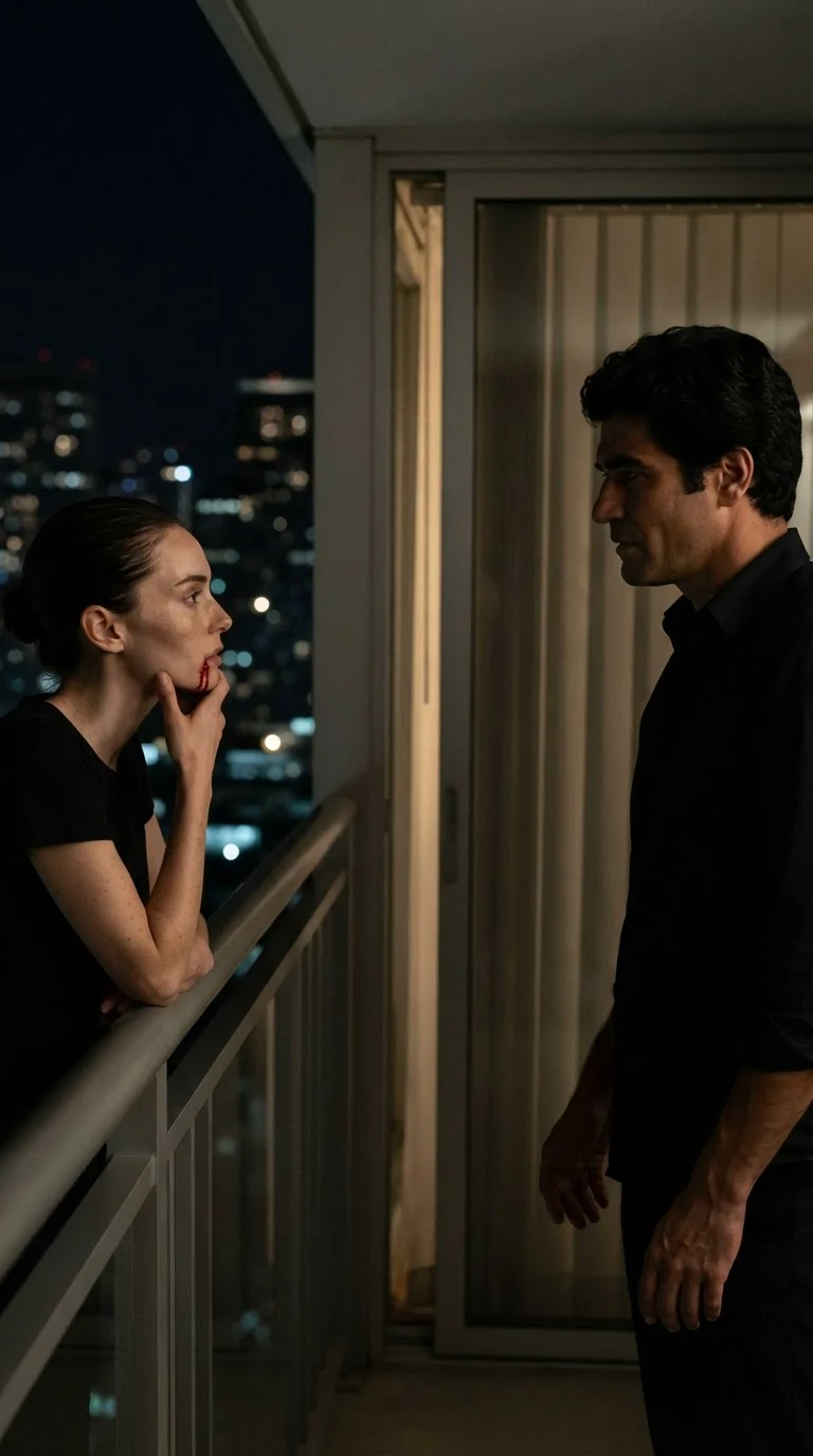 Alone on the balcony, the woman holds her jaw and the man watches her from a few feet away.