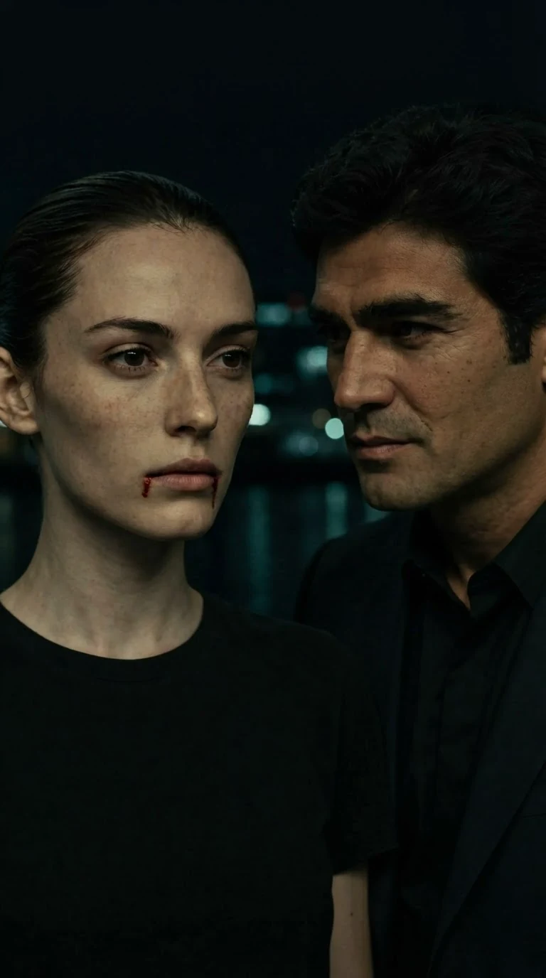 Close on the woman's face, calm, blood at her mouth, and the man's still expression.