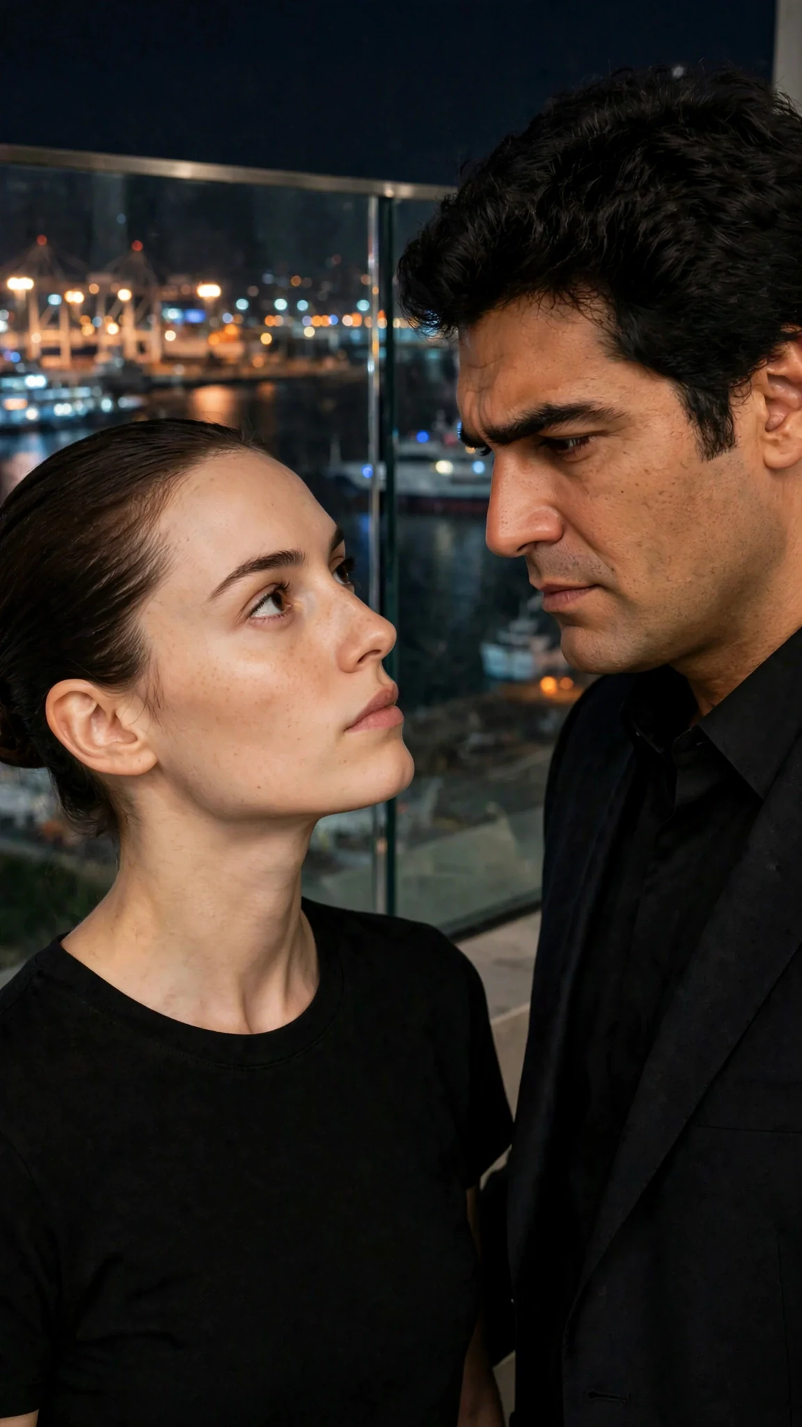 The woman looks up at the man on the dark balcony, both of them very still.