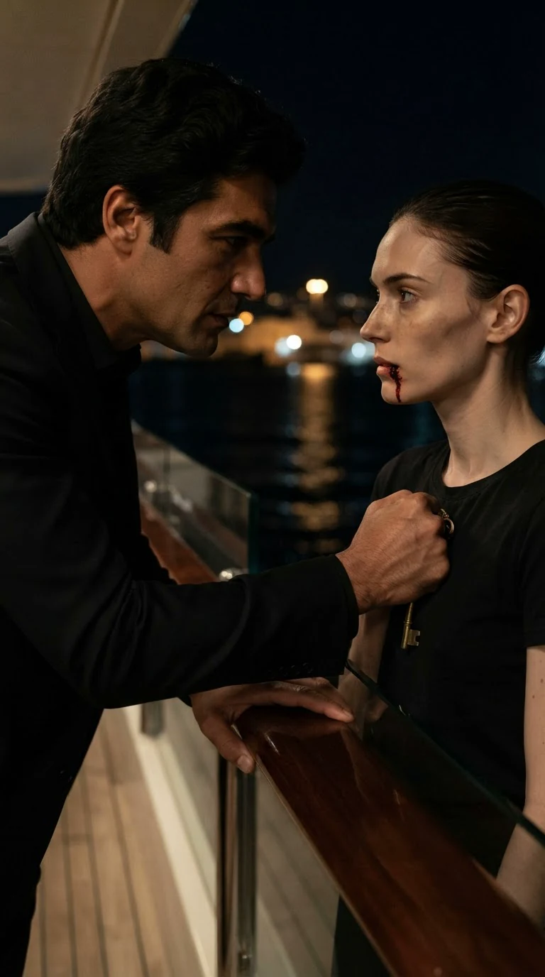 The man speaks low to her near the balcony rail, the key in her fist.