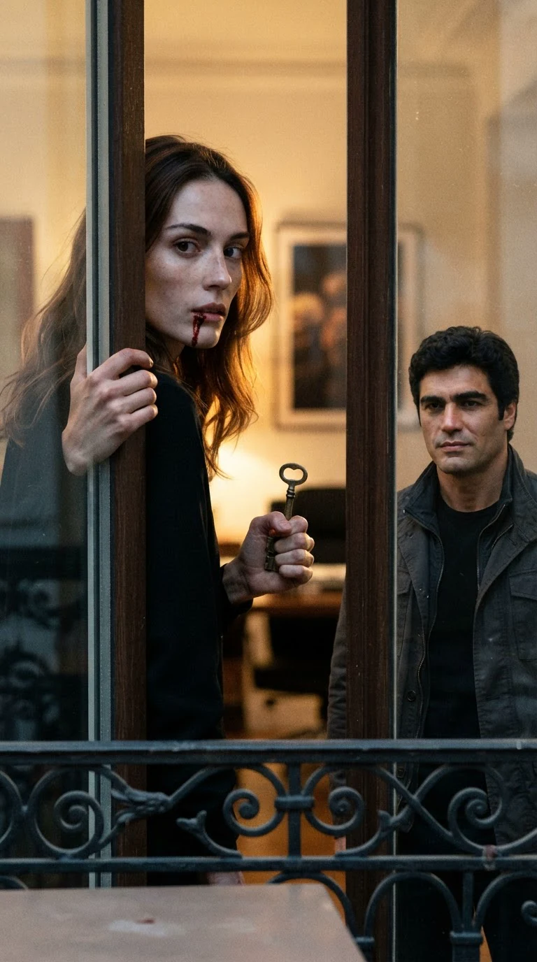 The woman pauses in the balcony doorway and looks back once, blood on her chin.
