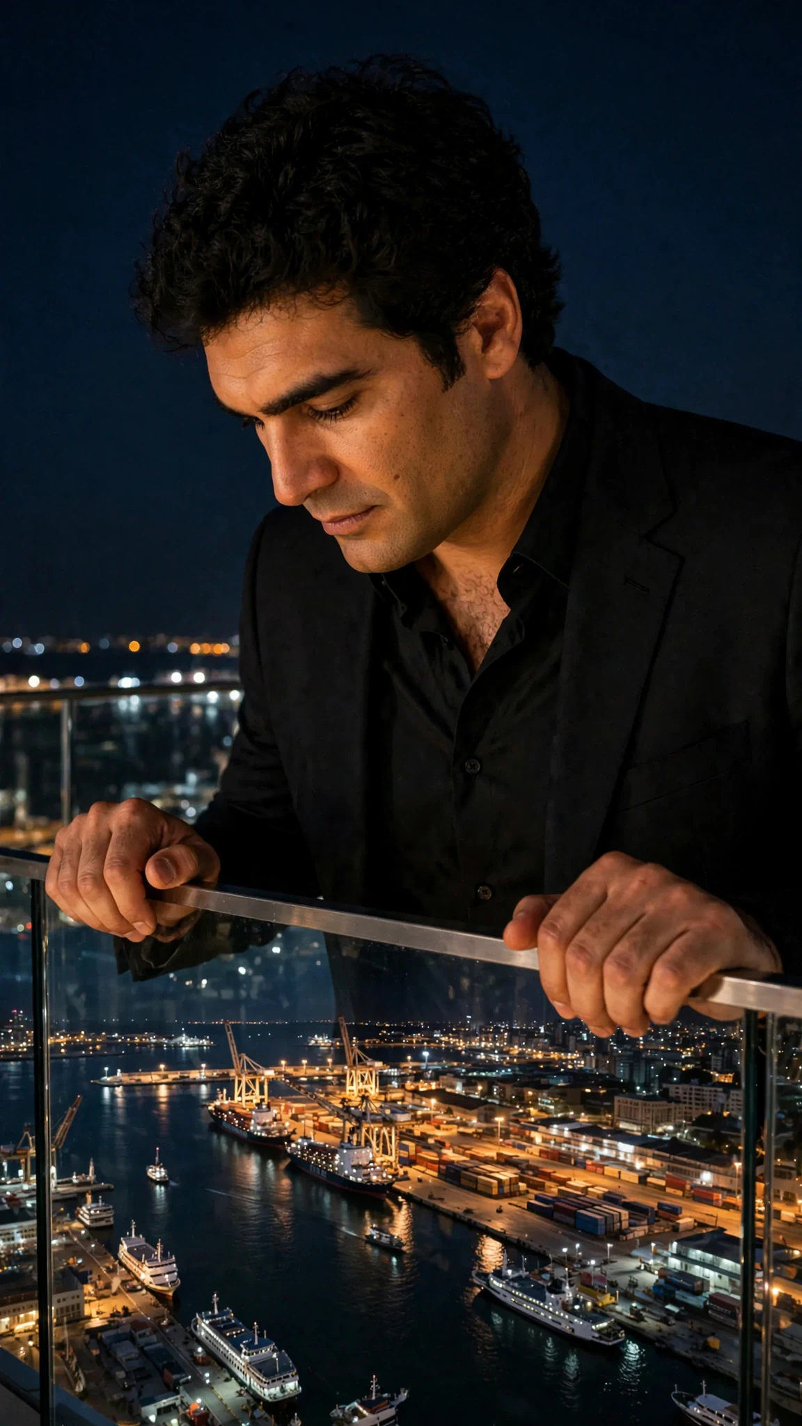 The man alone on the balcony, hands on the rail, head down, city lights below.