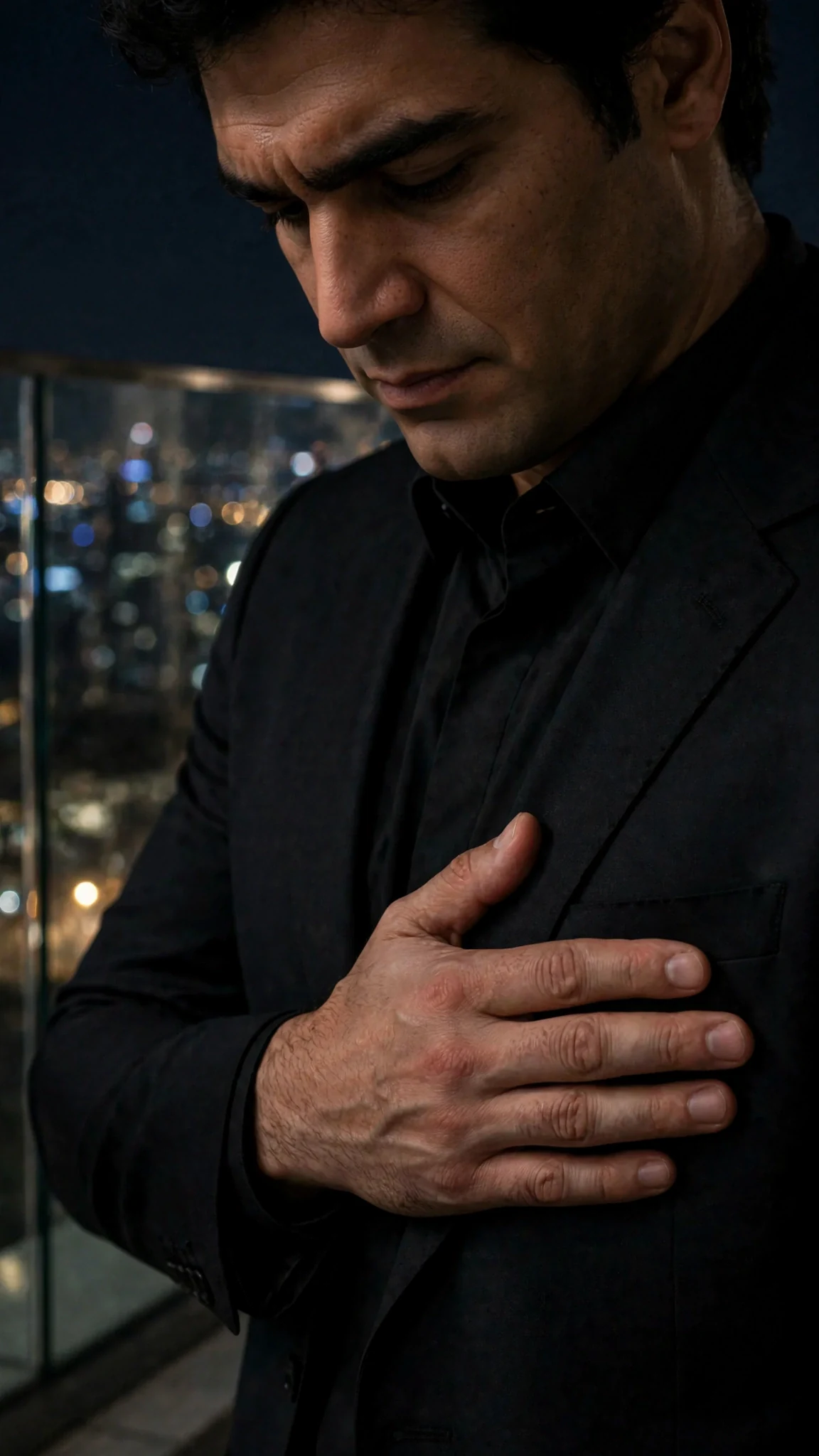 Close on the man's hand pressed flat over his chest pocket, his face above in the dark.