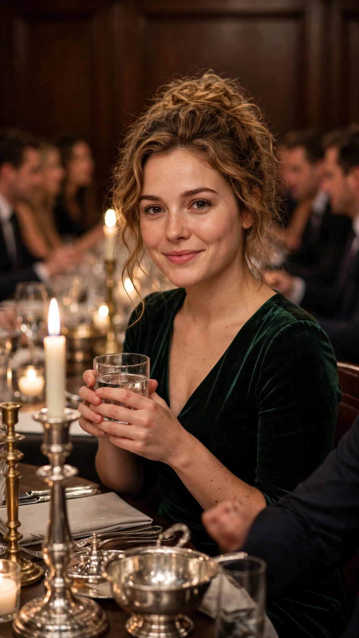 A young woman in a green dress sits at a long candlelit table with both hands around her water glass.
