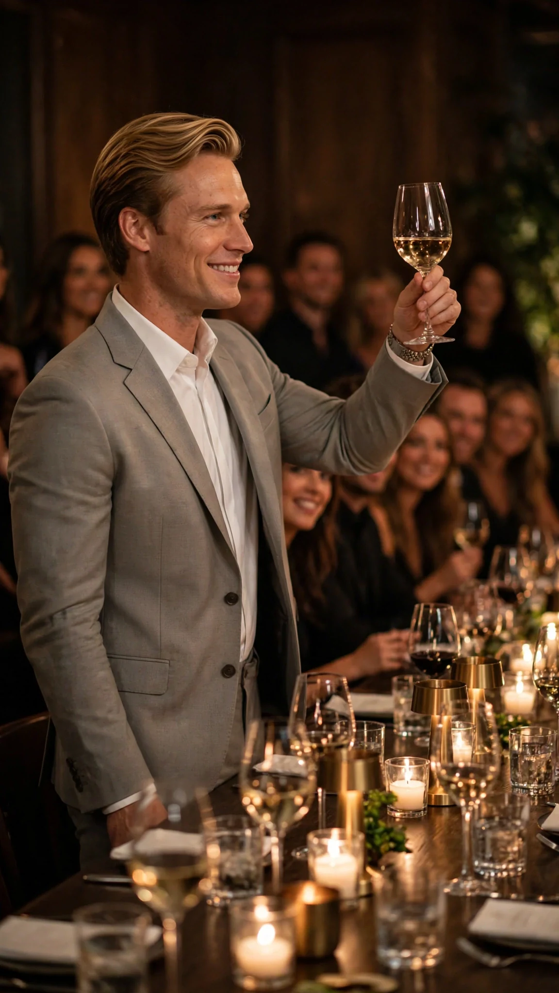 A lean blond man in a light gray suit stands at the table with a raised glass.