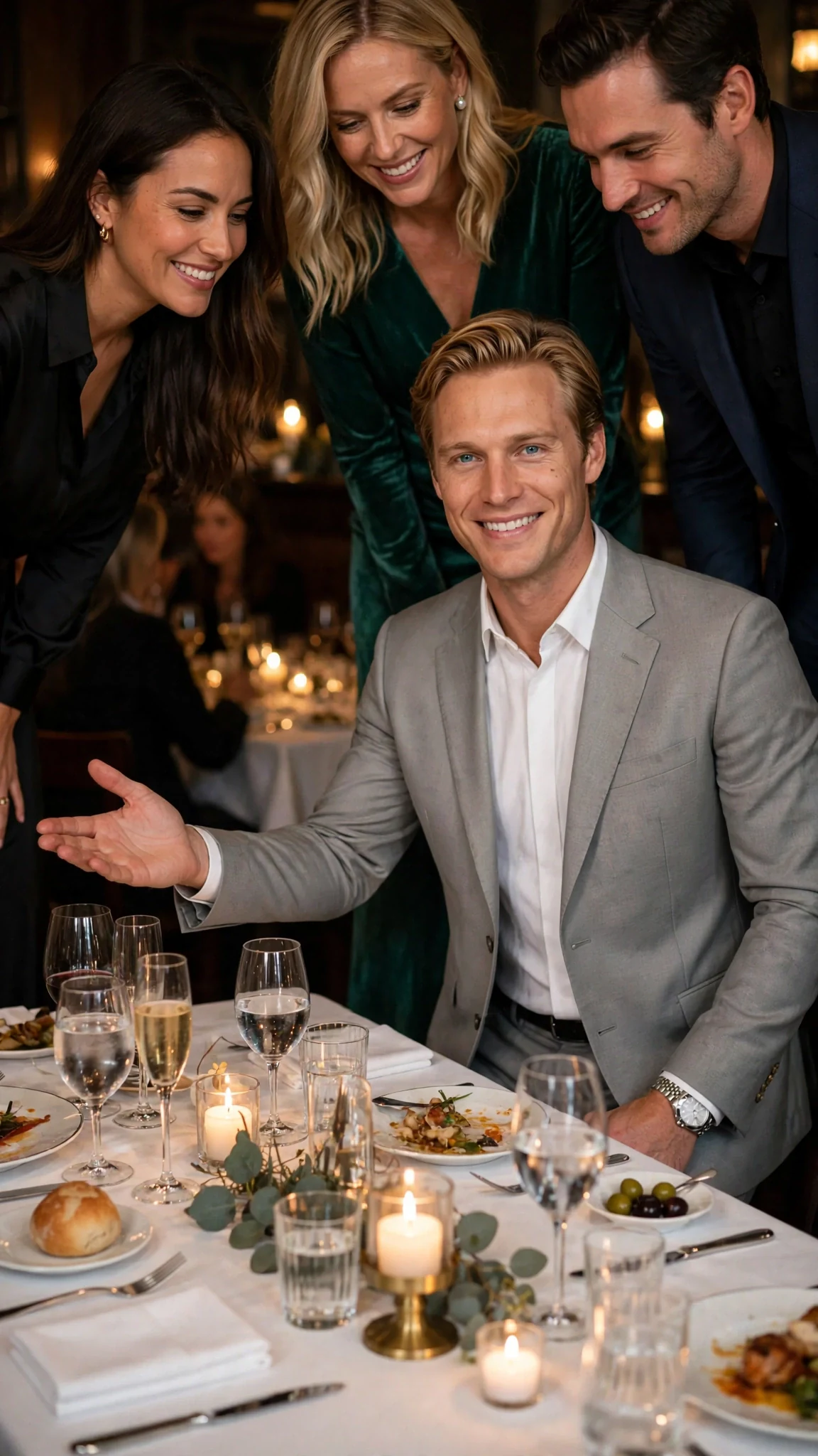 The blond man smiles wider as the table watches, one hand open like a gift.