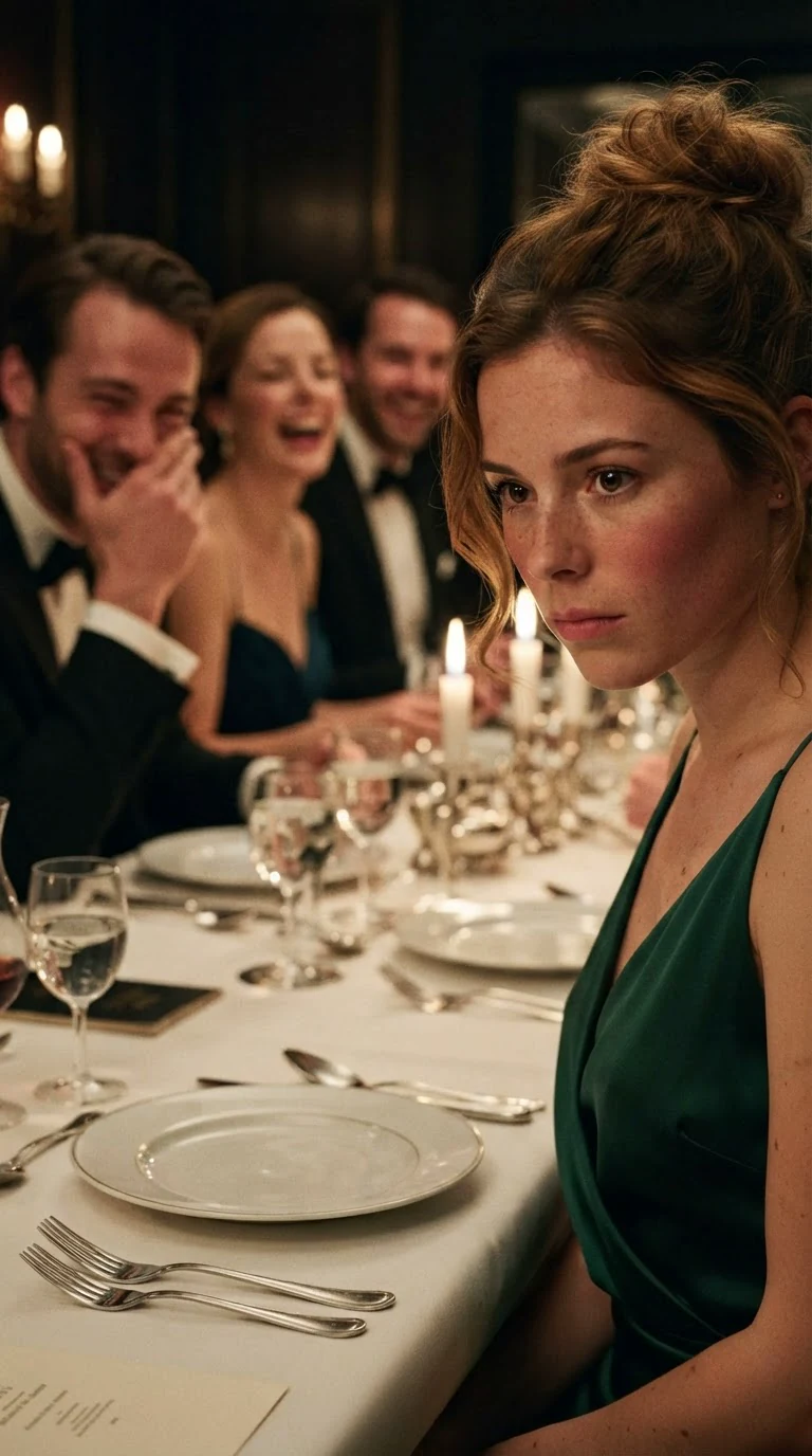 Guests at the long table laugh behind their hands while the woman in green stares at her plate.