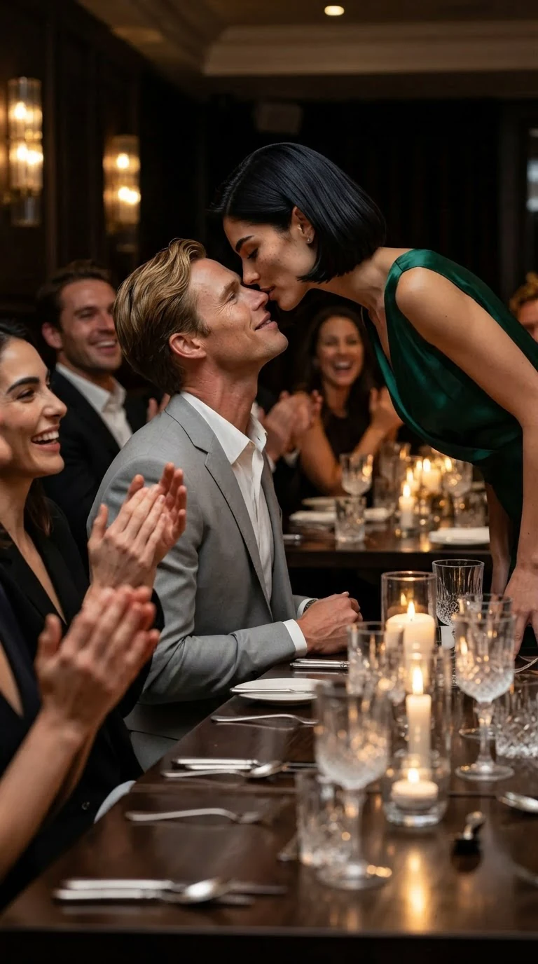 A tall woman with a glossy black bob kisses the blond man at his chair while guests clap.