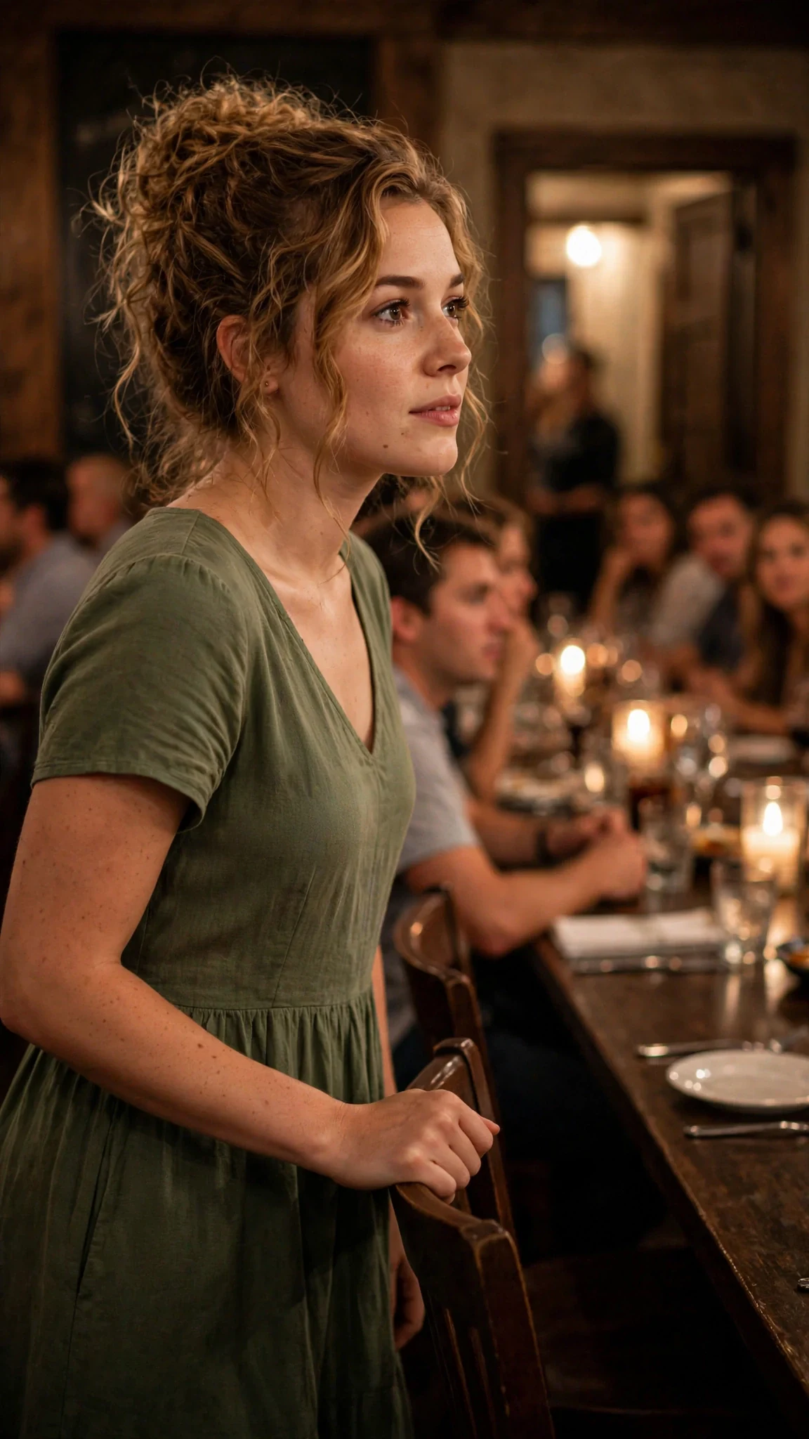 The woman in green pushes her chair back and stands, looking toward the door.