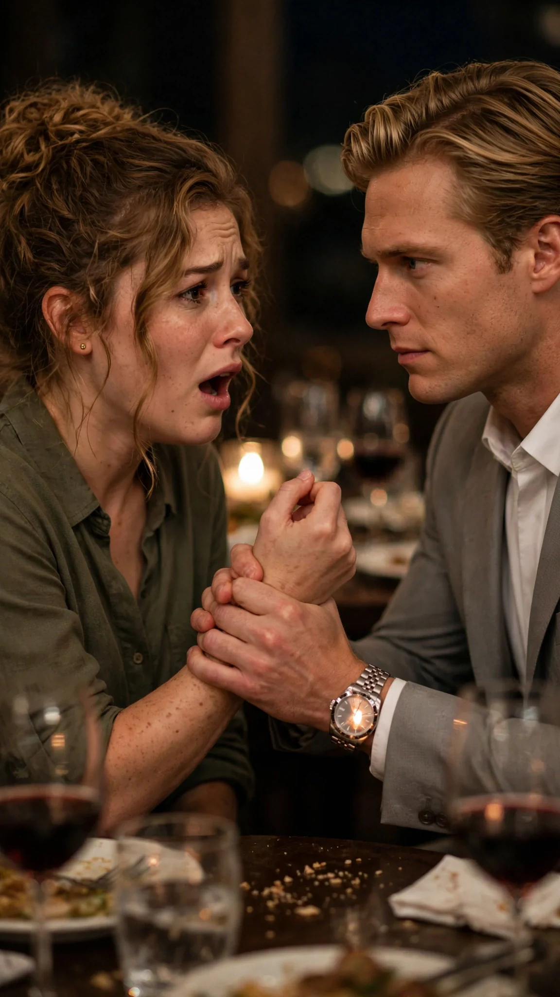The blond man's hand closes hard around the woman's wrist as she passes his chair.