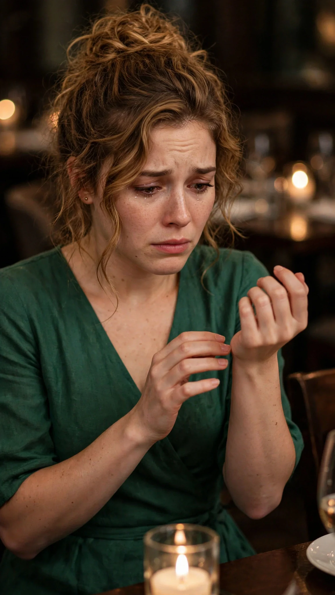 The woman looks down at her wrist, four red marks and a thin line of blood on the skin.