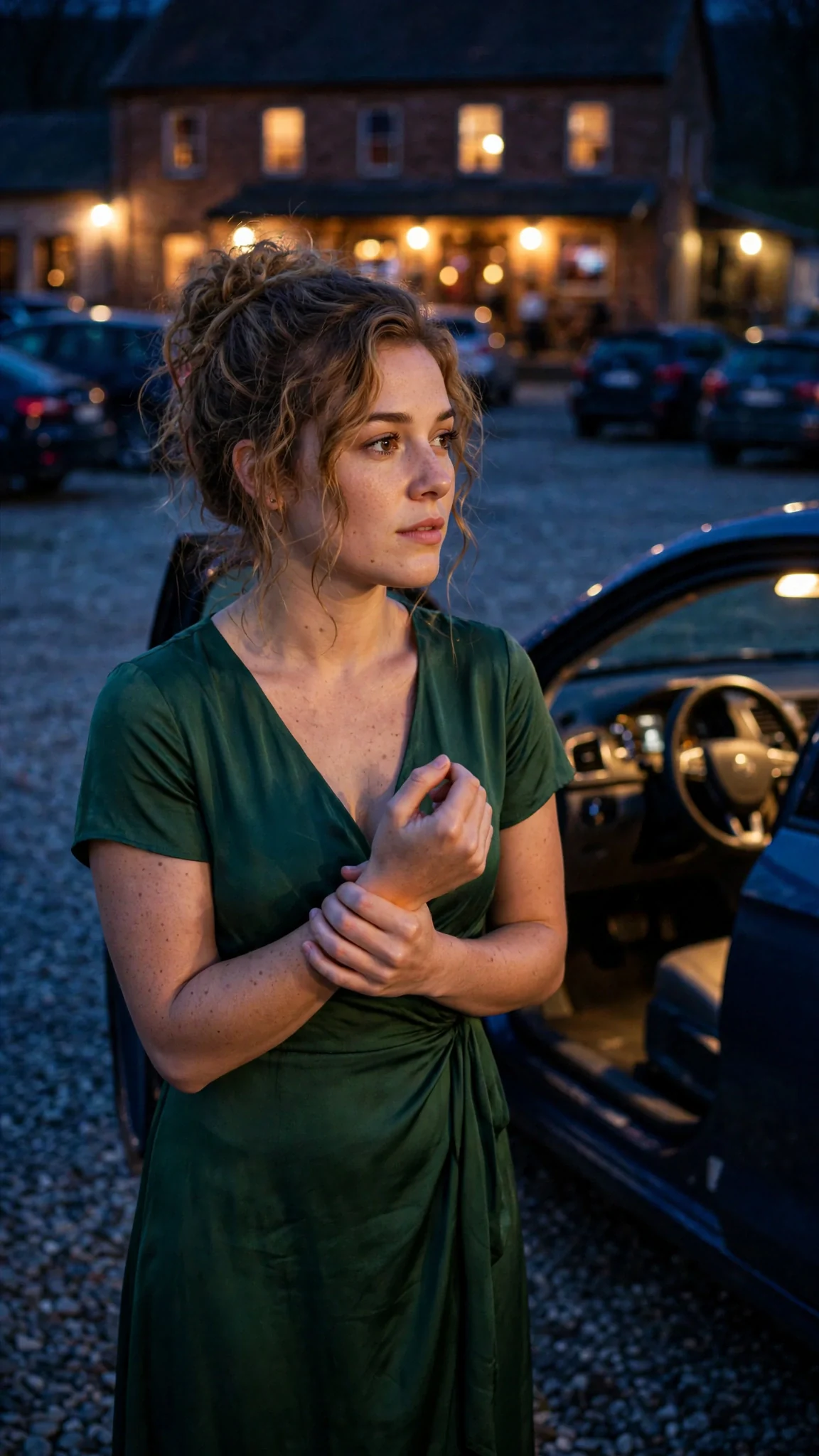 The woman steps out into a dark parking lot behind the club, holding her wrist.