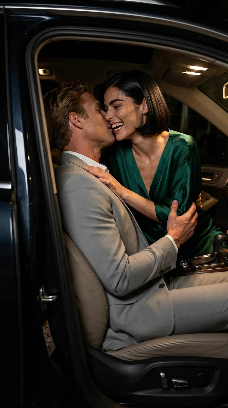 The woman in the car laughs into the kiss as his hand slides up her back under the silk.