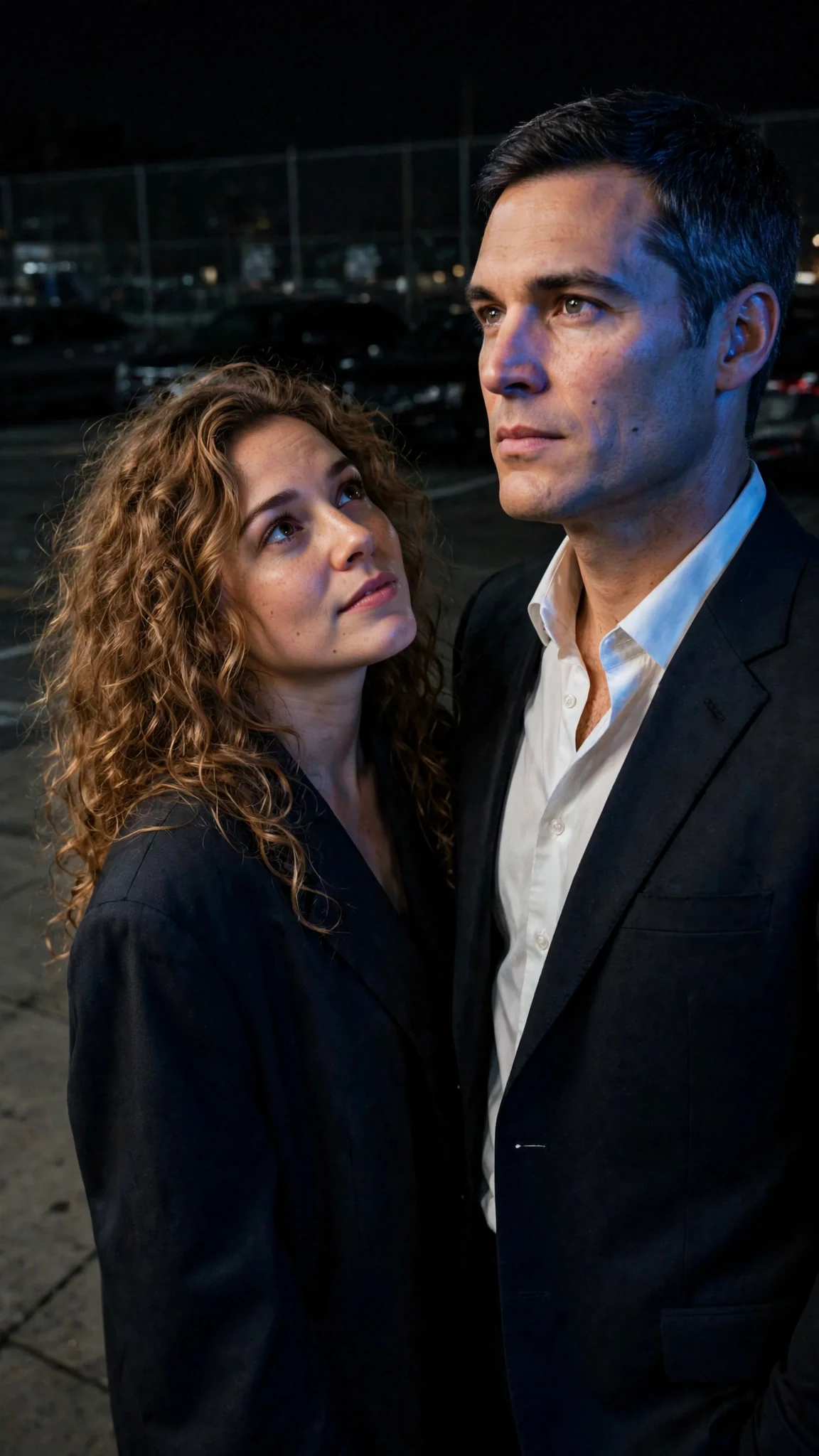 She looks up at him, small inside his coat, and he holds her gaze without smiling.