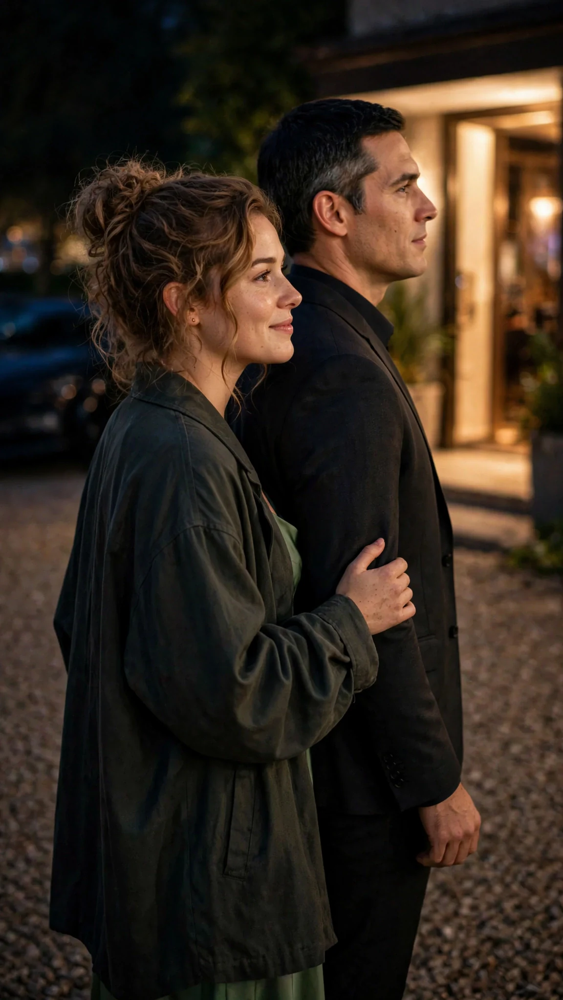 Her hand rests on his sleeve, both of them turned toward the bright club door.
