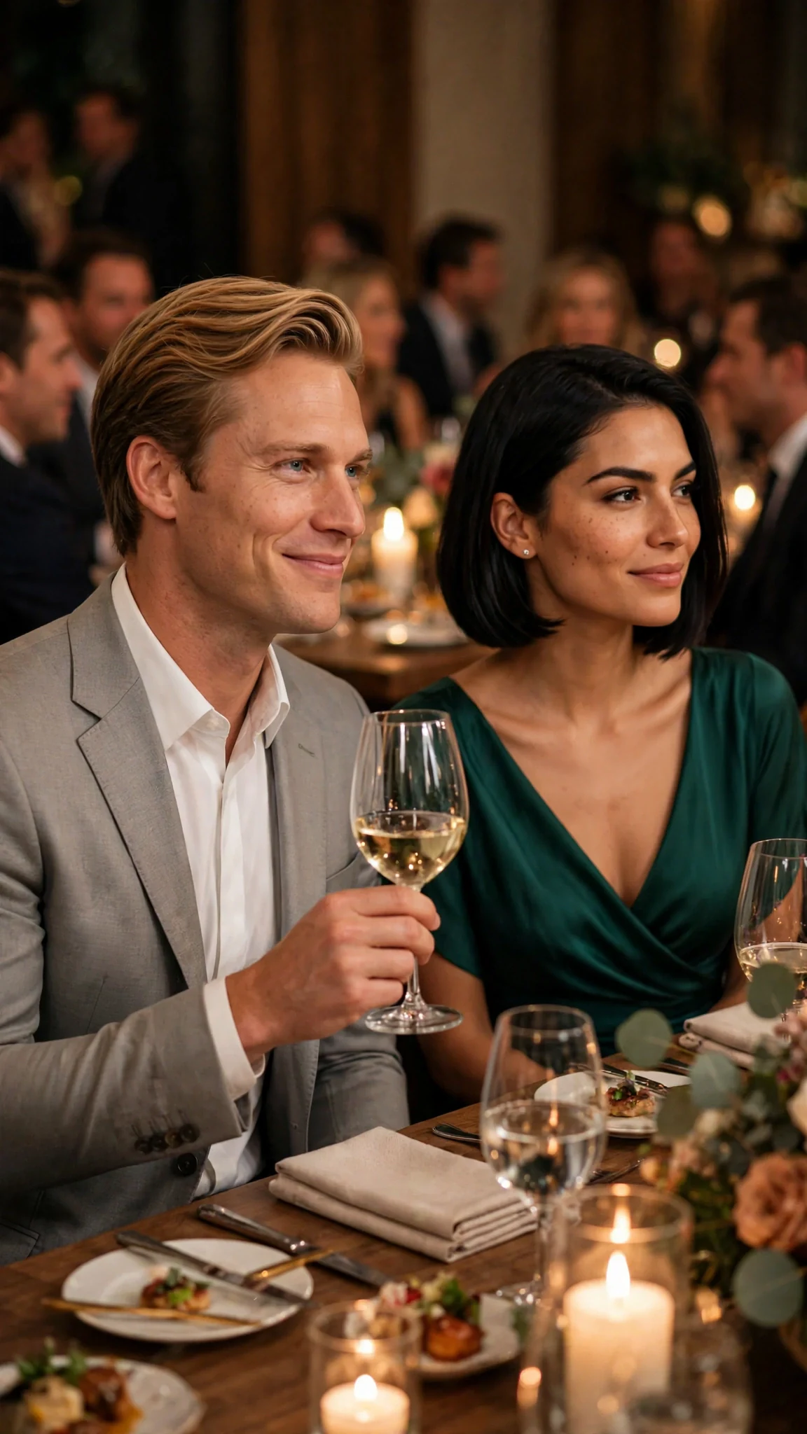 Gavin smirks at Lacey from his chair, one hand on his glass.