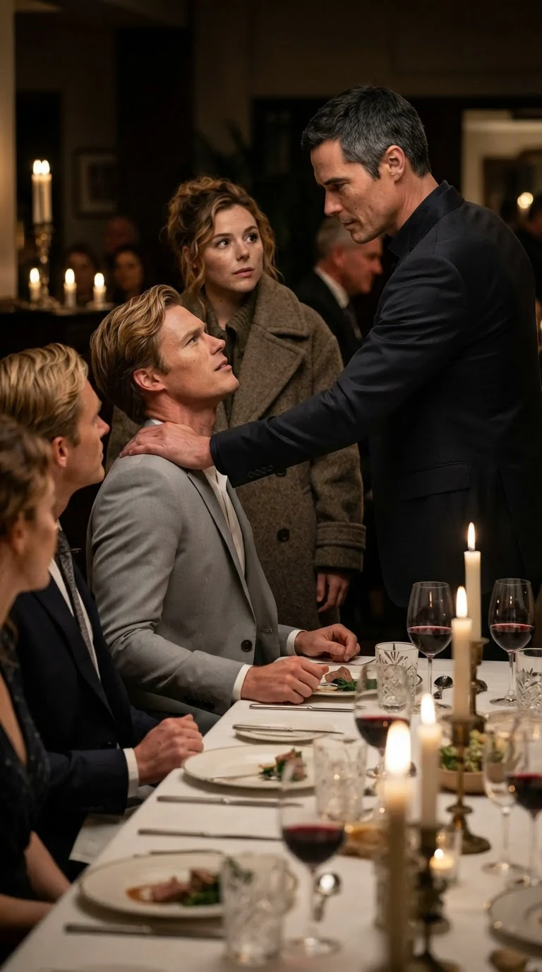 Barrett grips Gavin's shoulder hard, making him wince, while the table watches.
