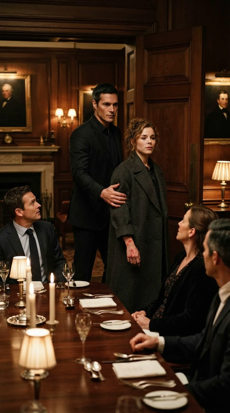 Barrett guides Lacey out with a hand at her back while the dinner guests stare.