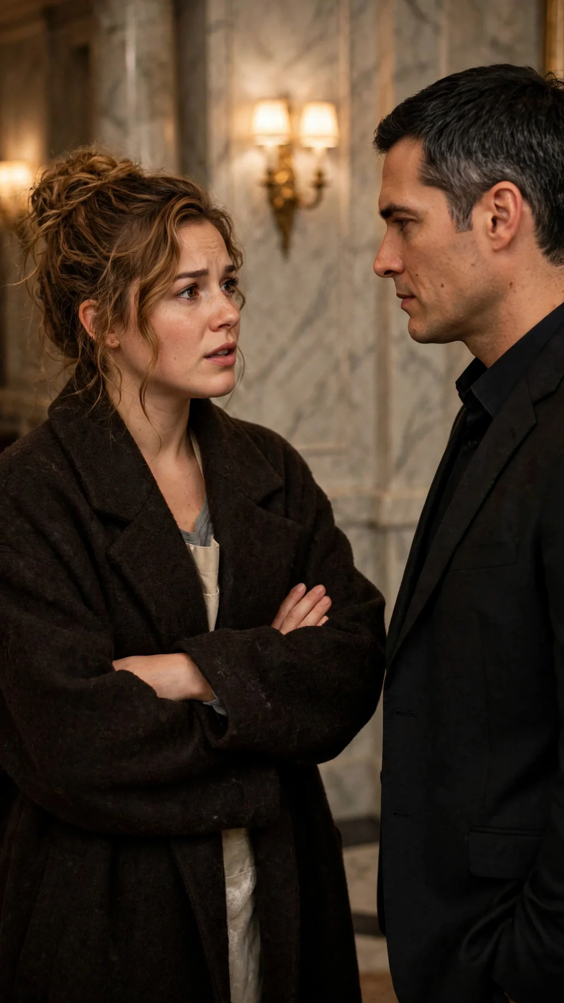 Lacey folds her arms inside the coat and asks what happens if she says no.