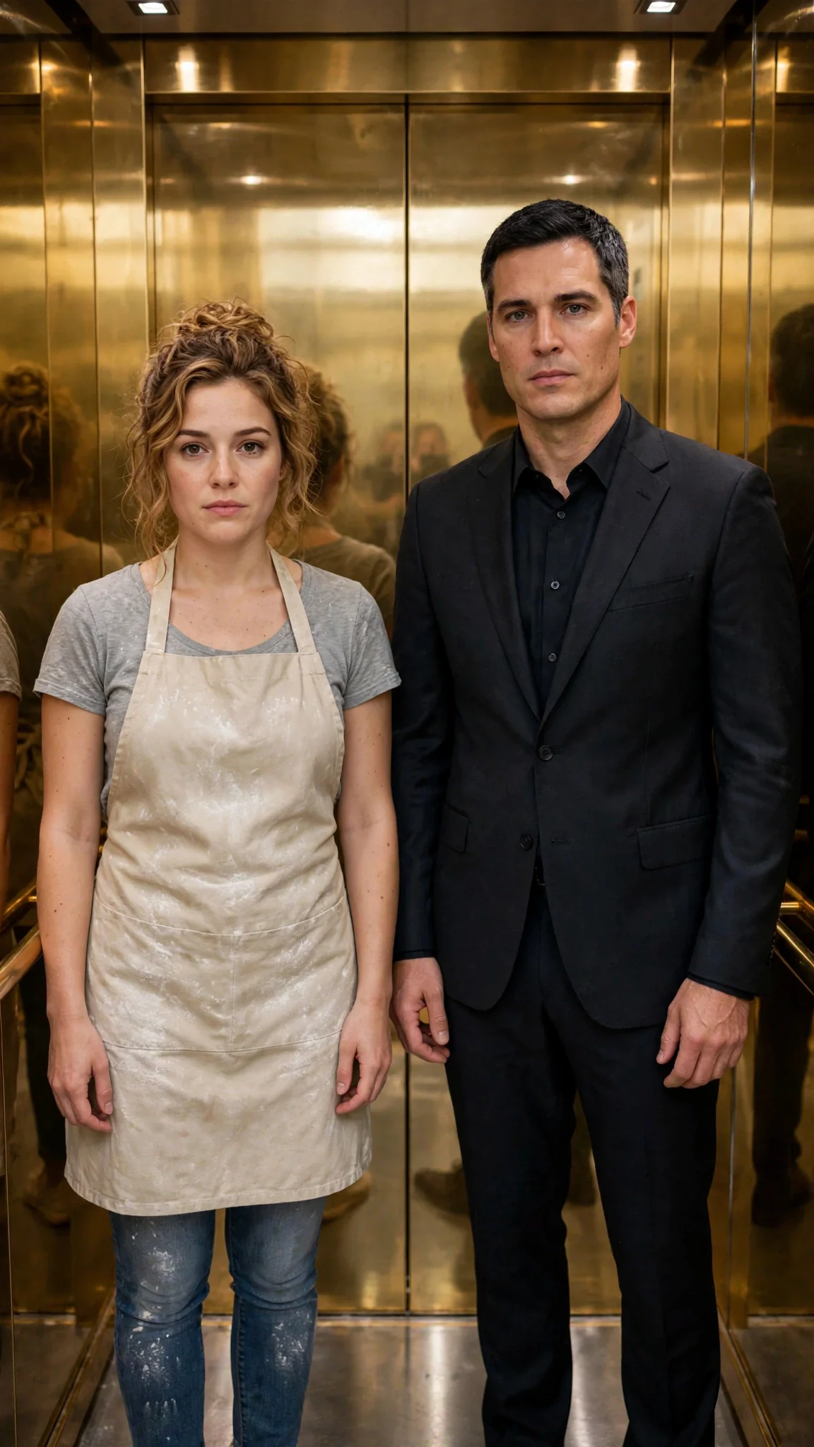 Lacey and Barrett stand apart in a mirrored elevator, both reflected on every side.