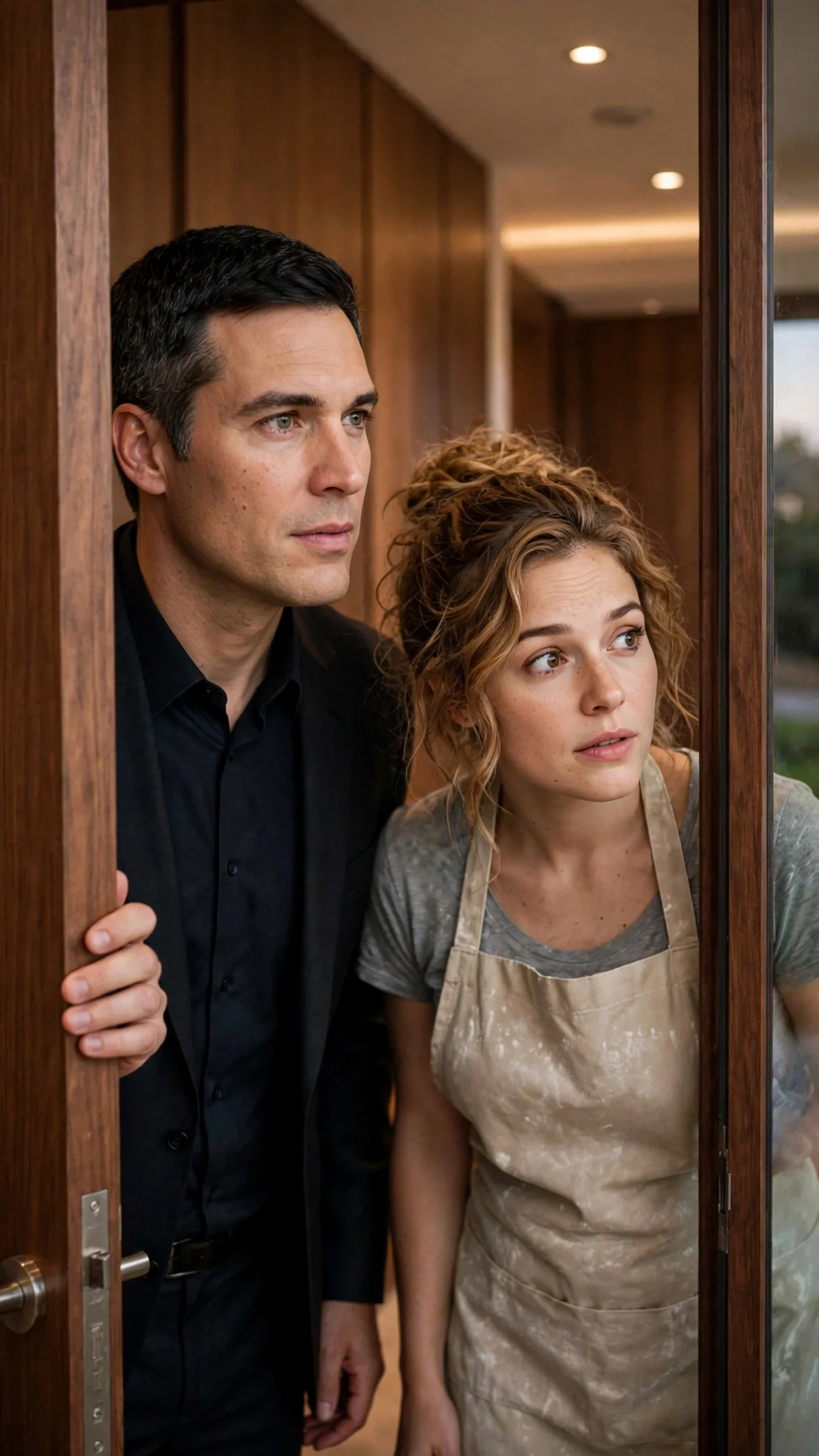 Barrett opens a door in a long hallway and Lacey looks in.