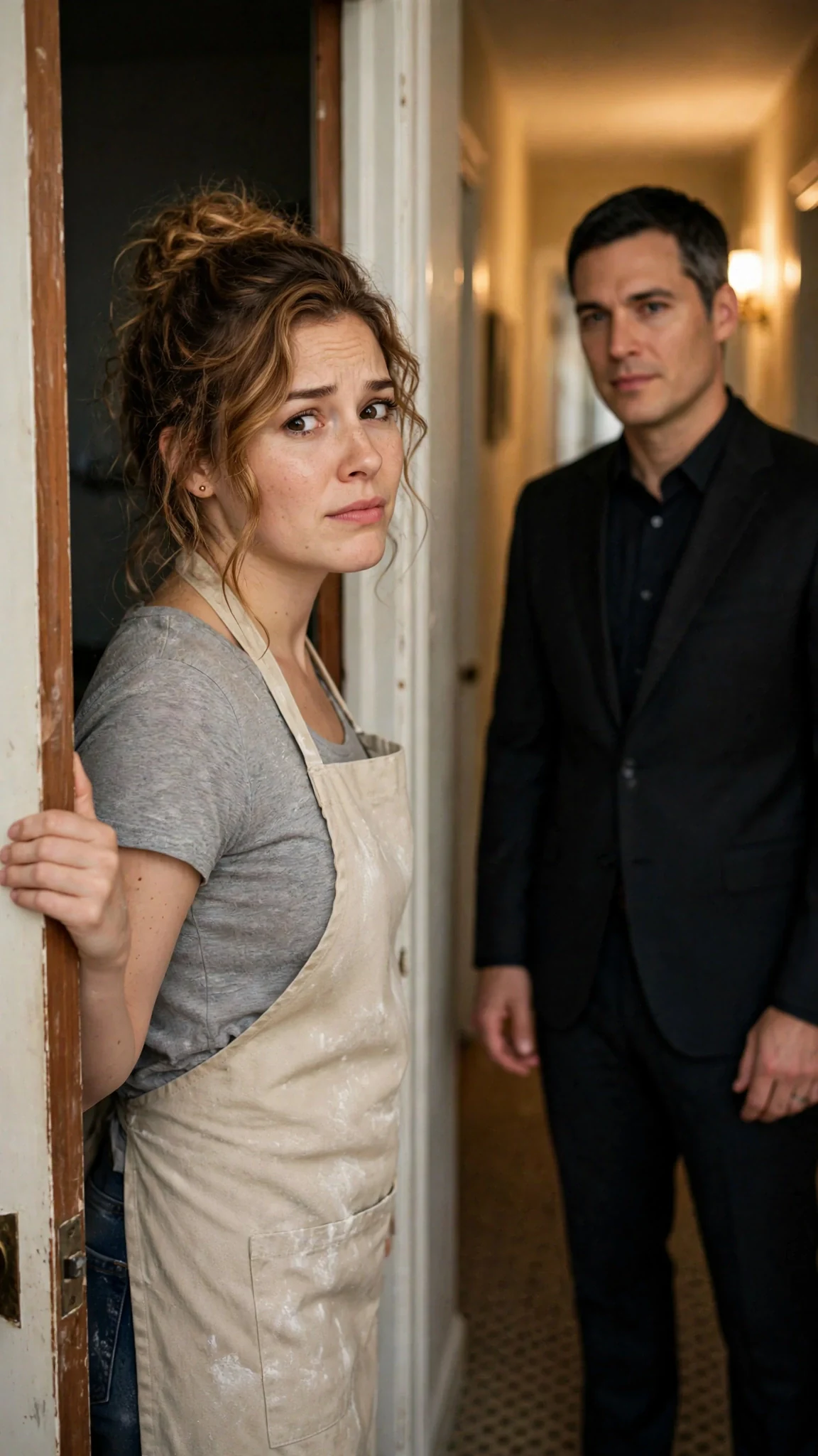 Lacey turns in the doorway to face Barrett in the hallway.