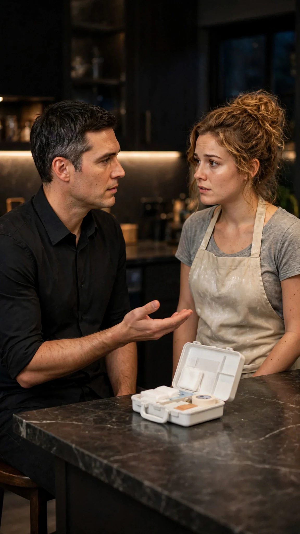 Barrett sits at the kitchen island with a first aid kit open, waiting for Lacey's permission.
