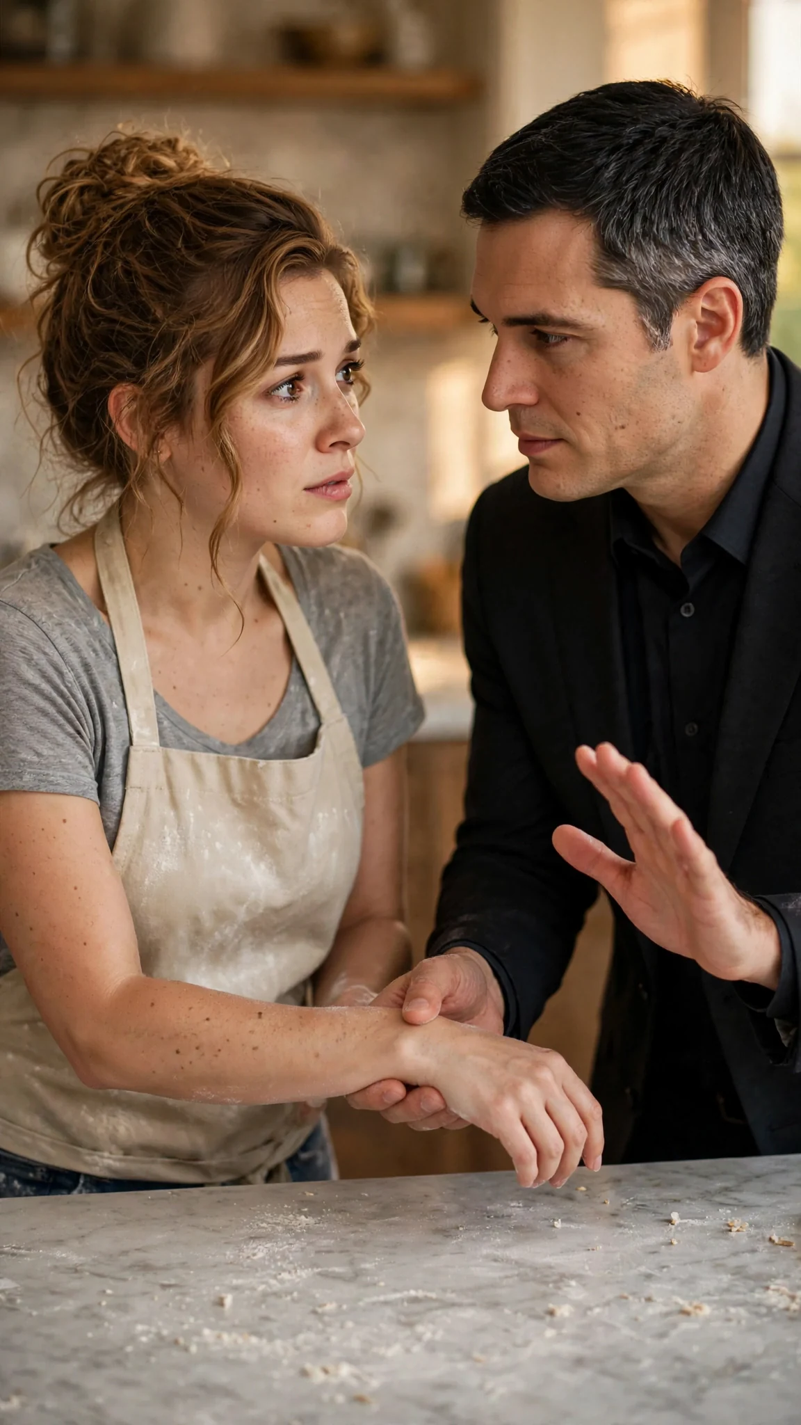Lacey flinches as Barrett touches her wrist, and he lifts his hands away at once.