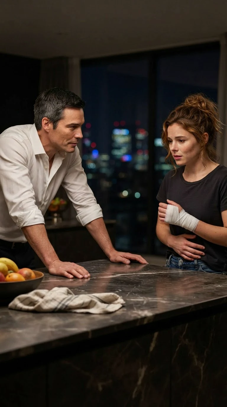 Barrett leans on the kitchen island and asks Lacey what she needs.