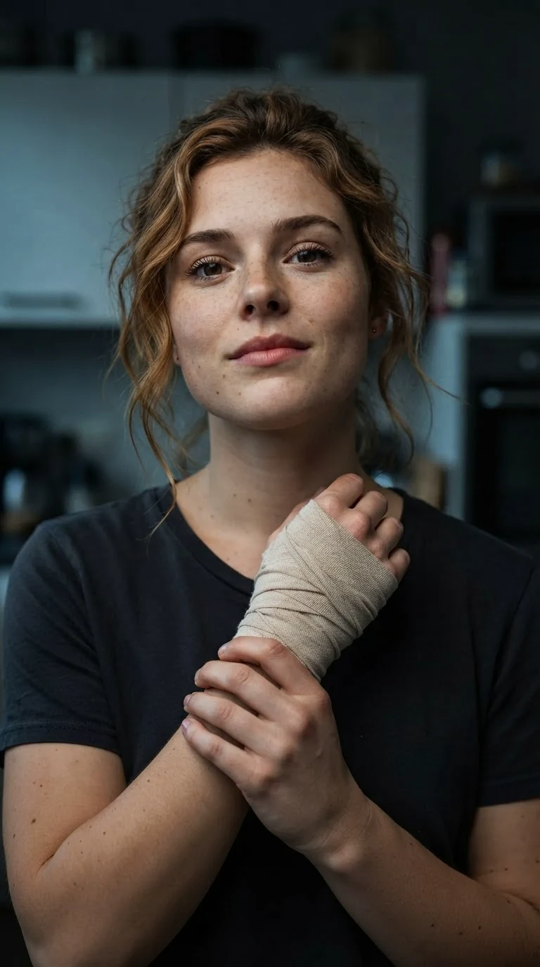 Lacey speaks with her chin lifted, bandaged wrist held against her chest.