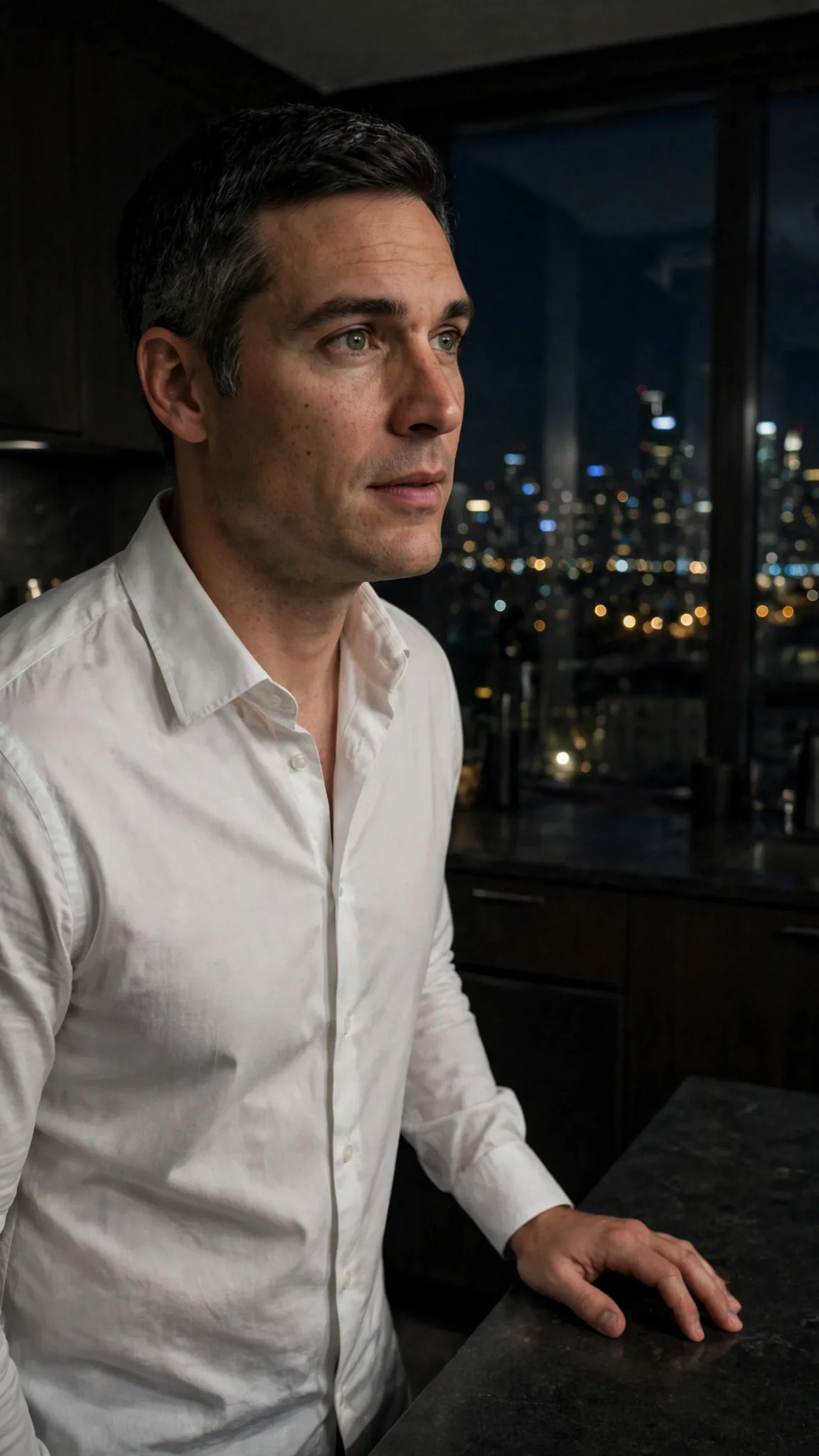 Barrett goes still, city light behind him, his face unreadable.