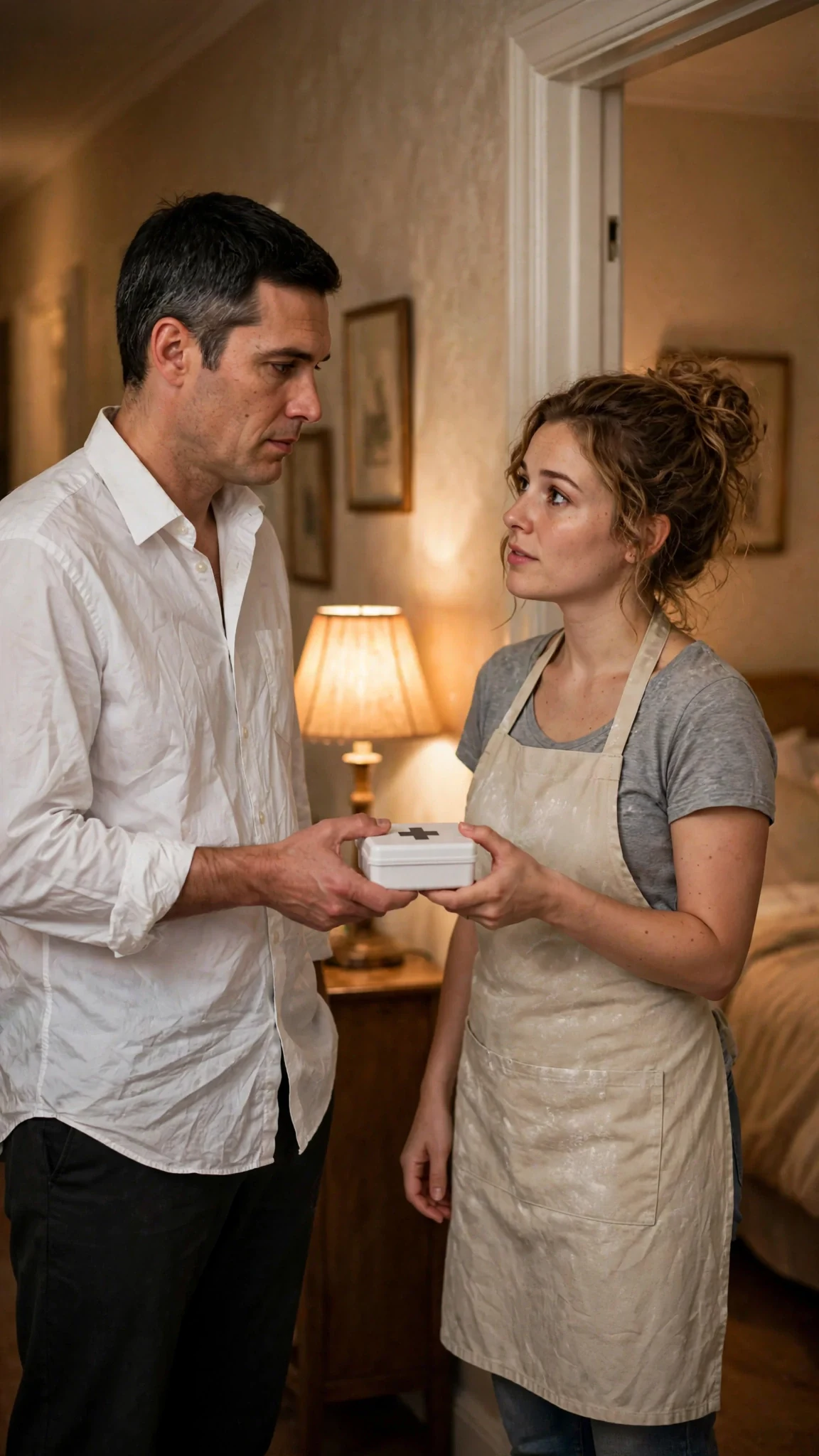 Barrett holds out the first aid kit at her bedroom door and says goodnight.