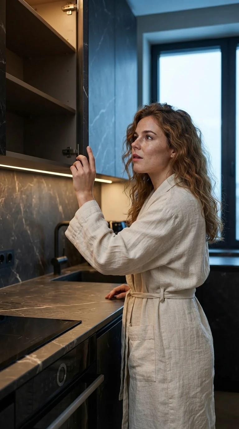 Lacey peers into an empty cabinet in a huge dark kitchen.