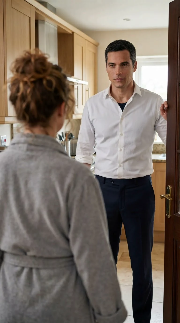 Barrett stands in the kitchen doorway in a plain shirt, hair rumpled.