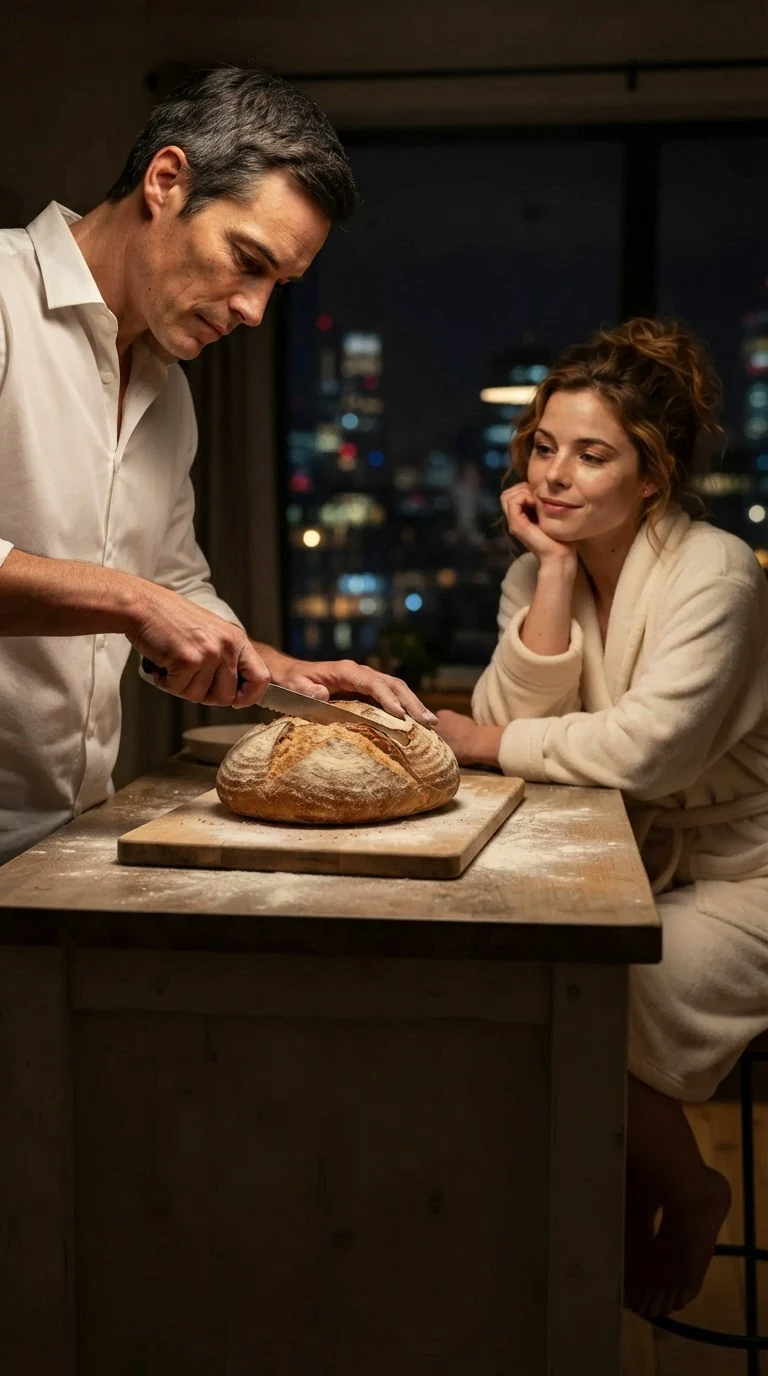 Barrett cuts thick slices of warm bread while Lacey watches from a stool.