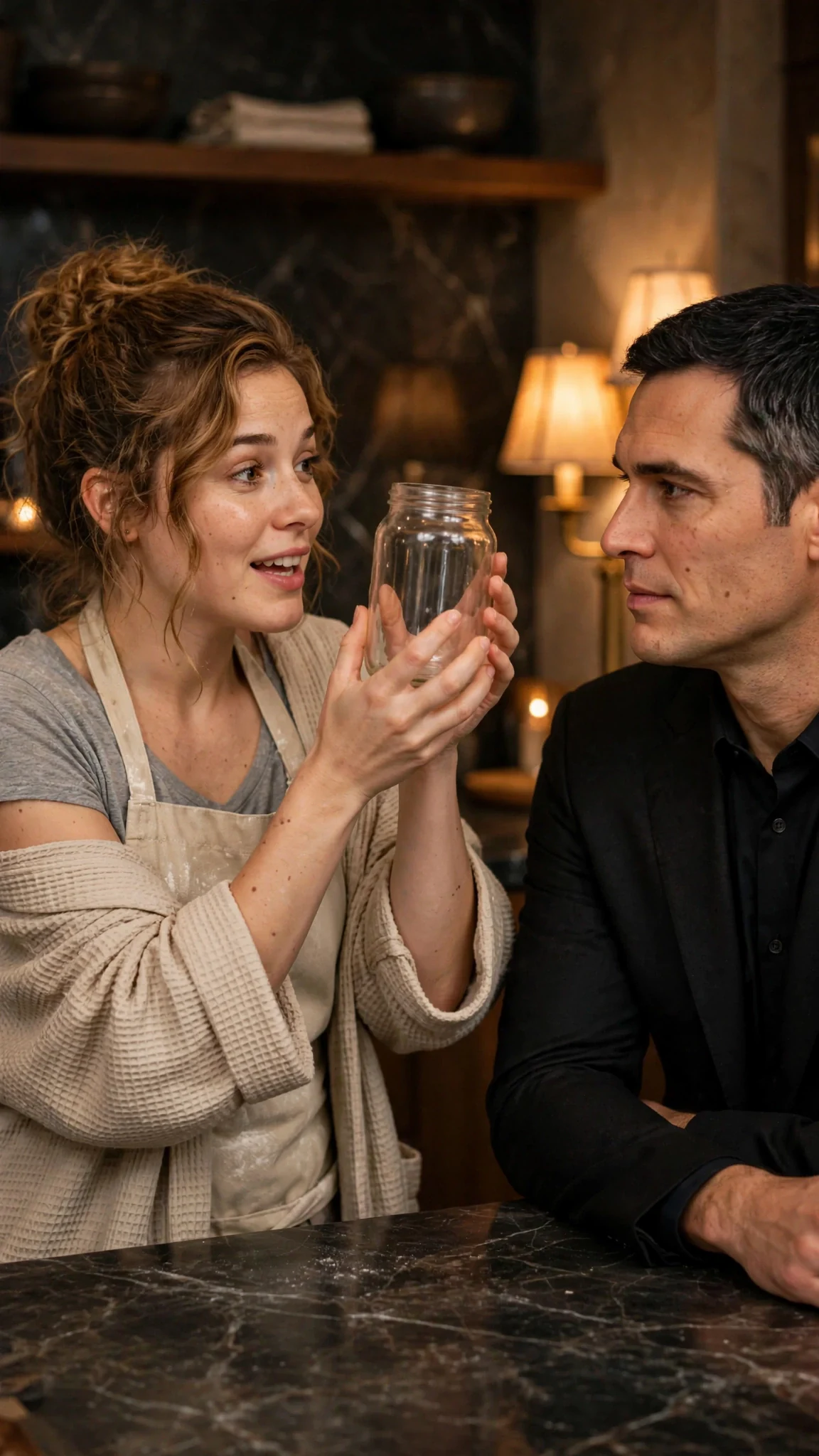 Lacey holds a glass jar, explaining with her hands, eyes bright.