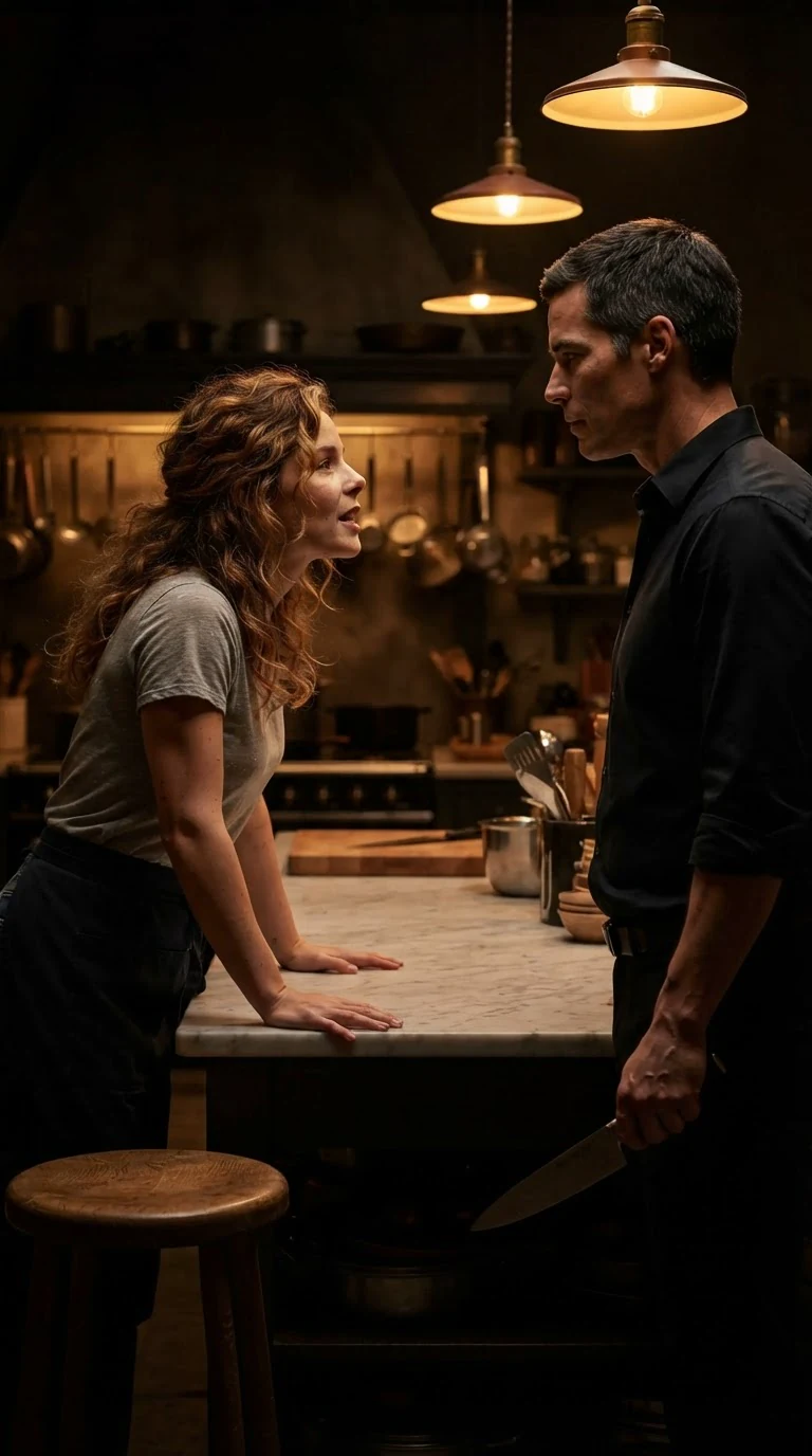 Lacey stands up, chin lifted, voice rising in the big kitchen.